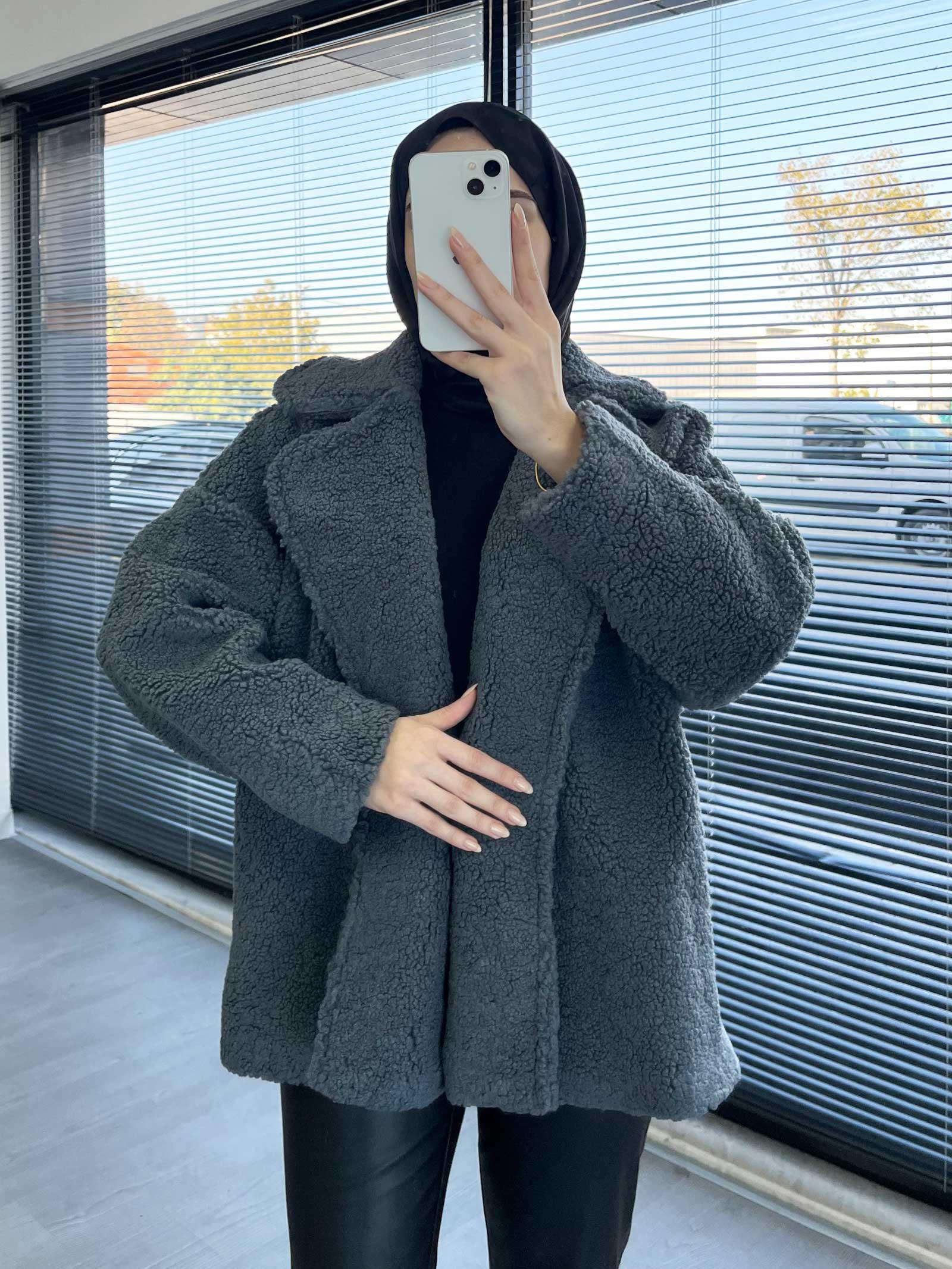 Füme Oversize Yumuşak Dokulu Kısa Kadın Teddy Kaban