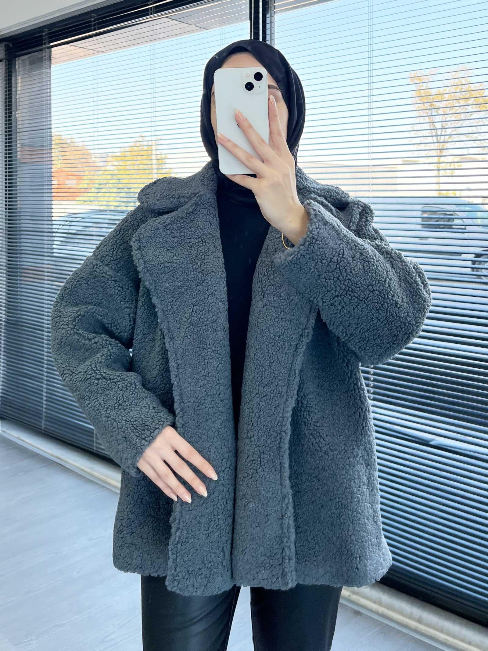 Füme Oversize Yumuşak Dokulu Kısa Kadın Teddy Kaban