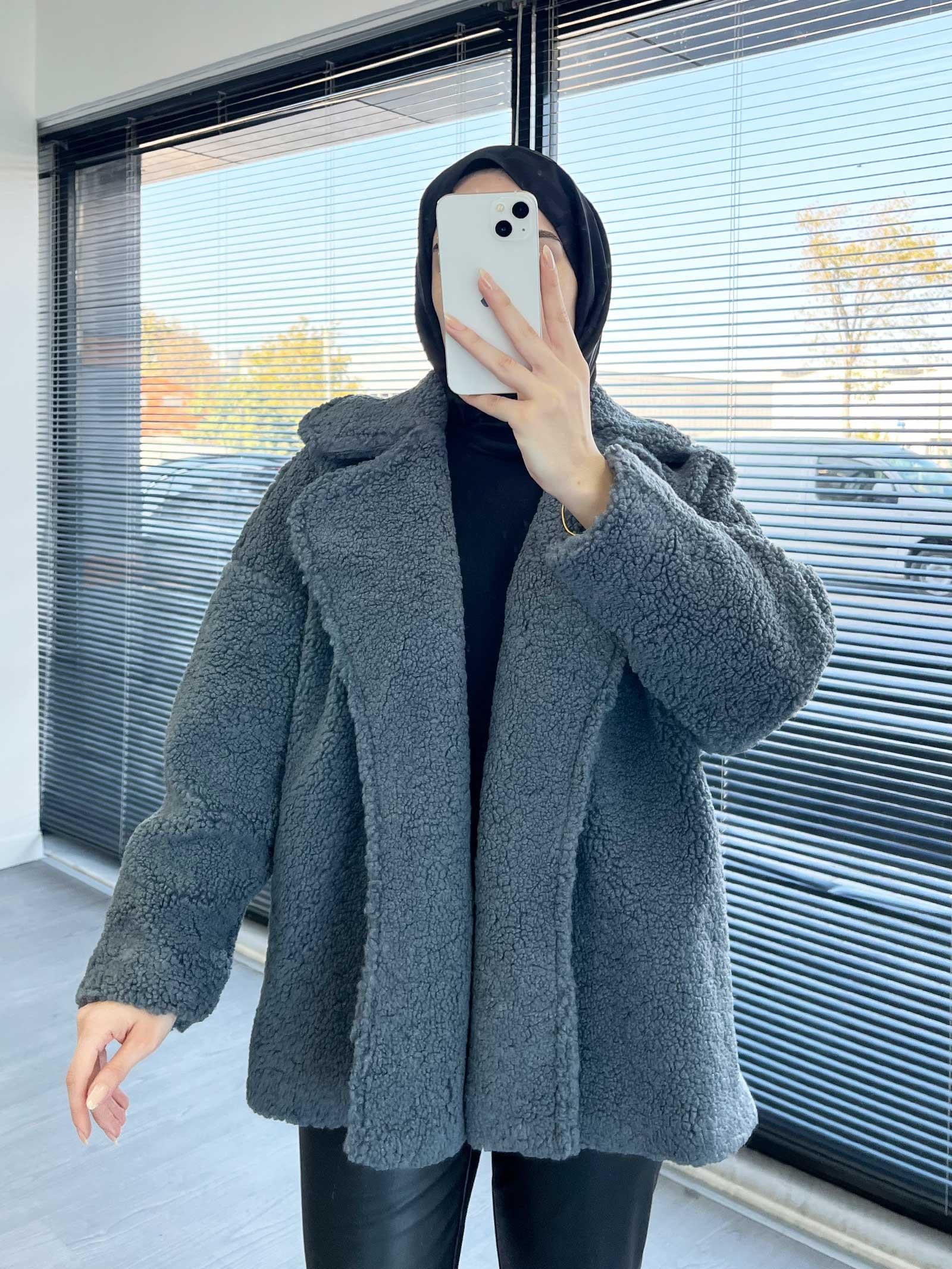 Füme Oversize Yumuşak Dokulu Kısa Kadın Teddy Kaban