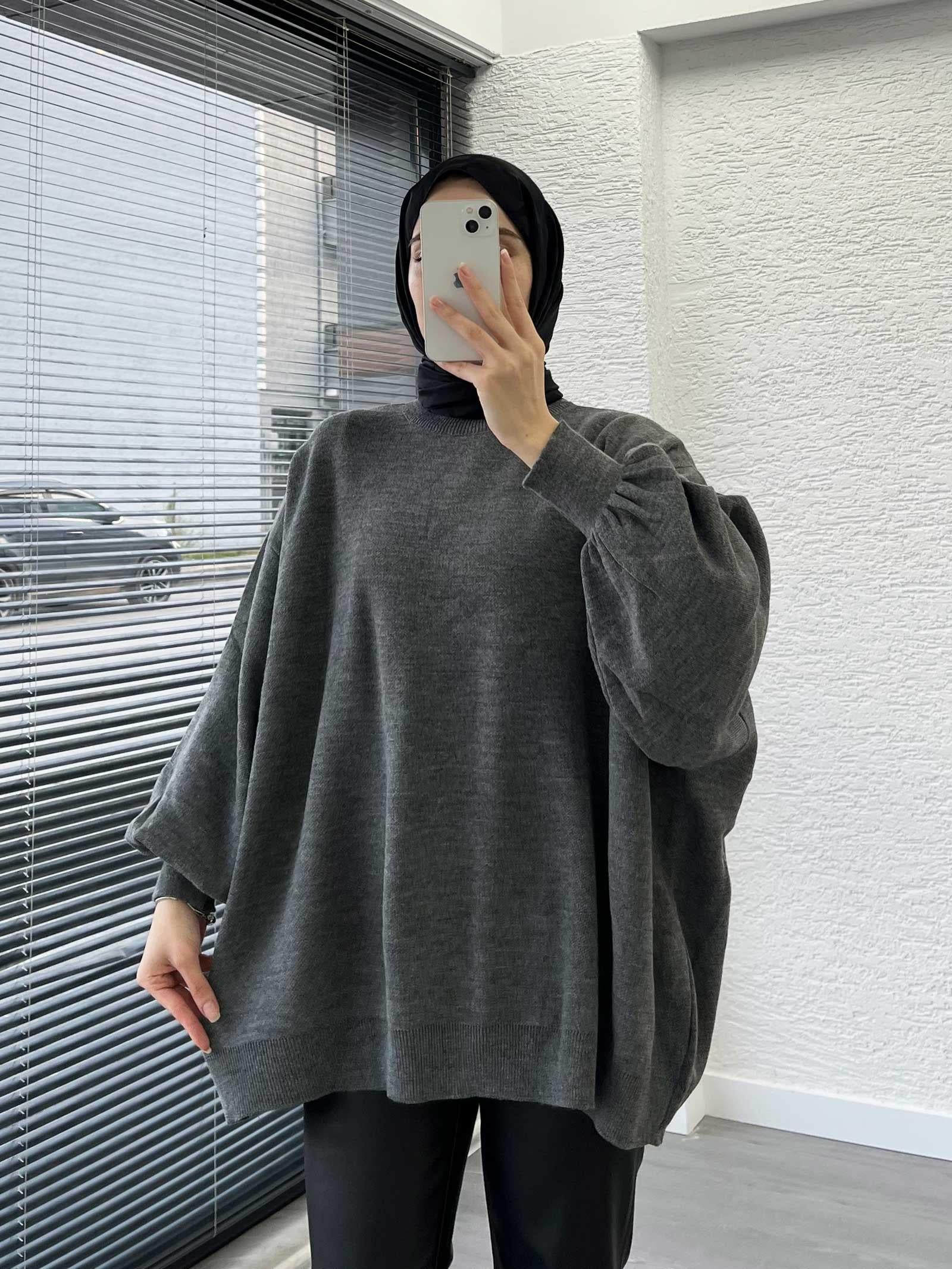 Füme Yarasa Kollu Oversize Kadın Kazak