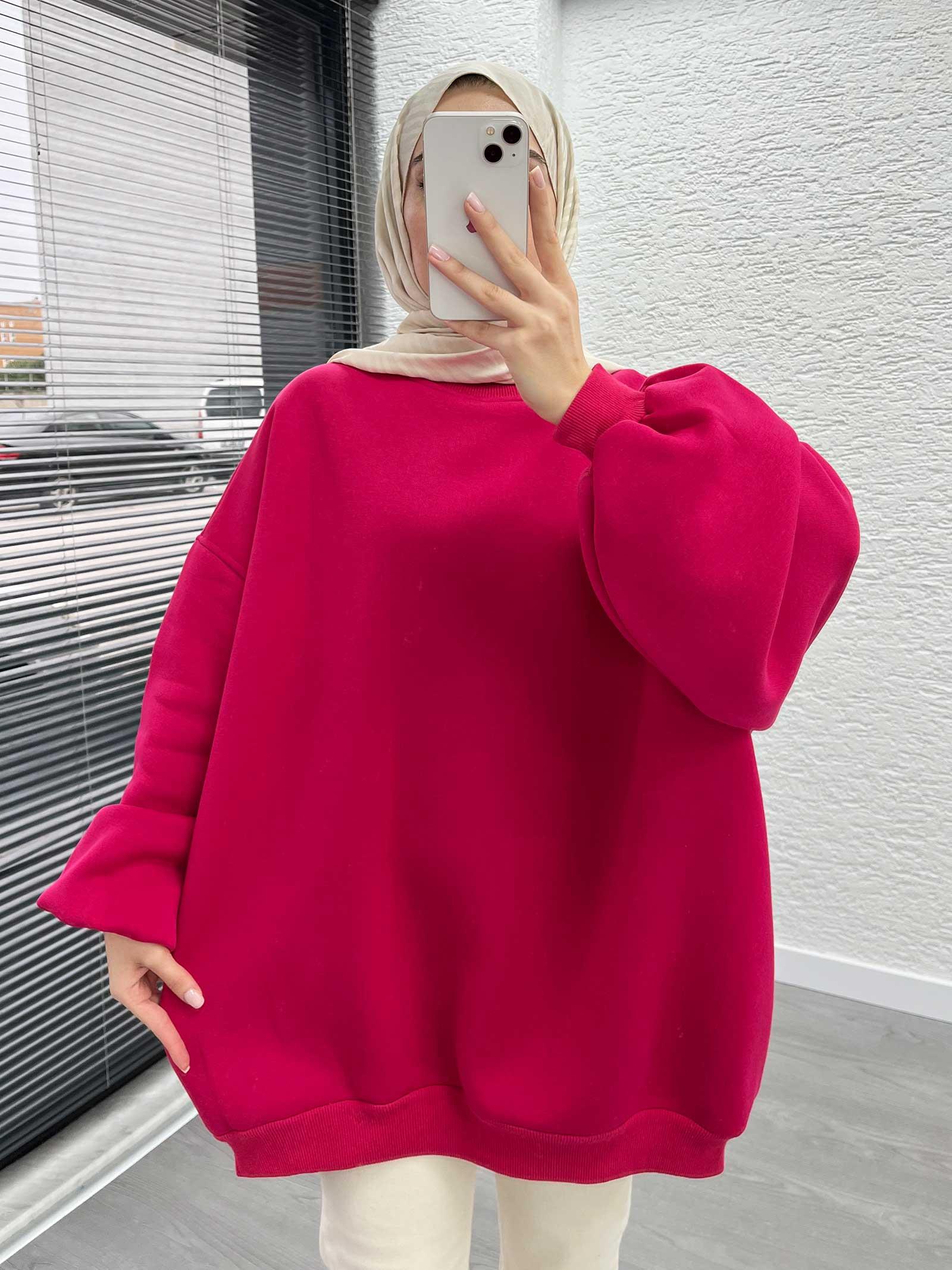 Fuşya Oversize Balon Kollu Sweat 