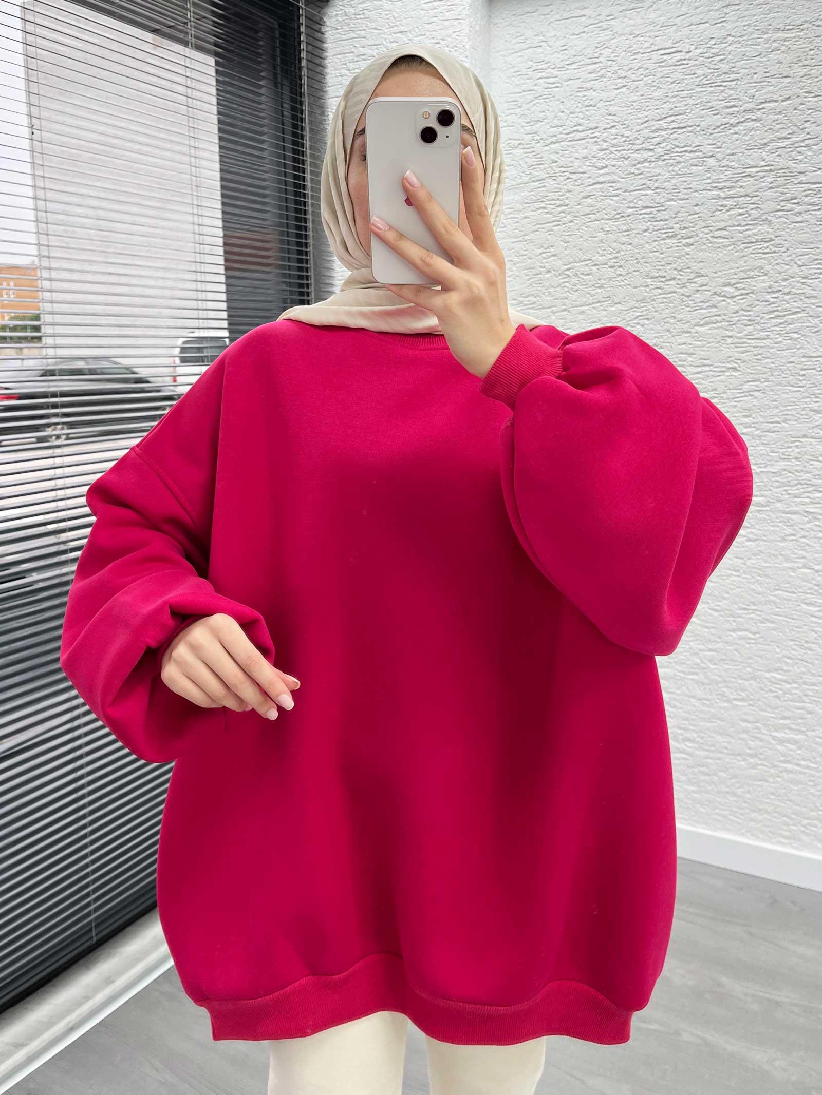 Fuşya Oversize Balon Kollu Sweat 