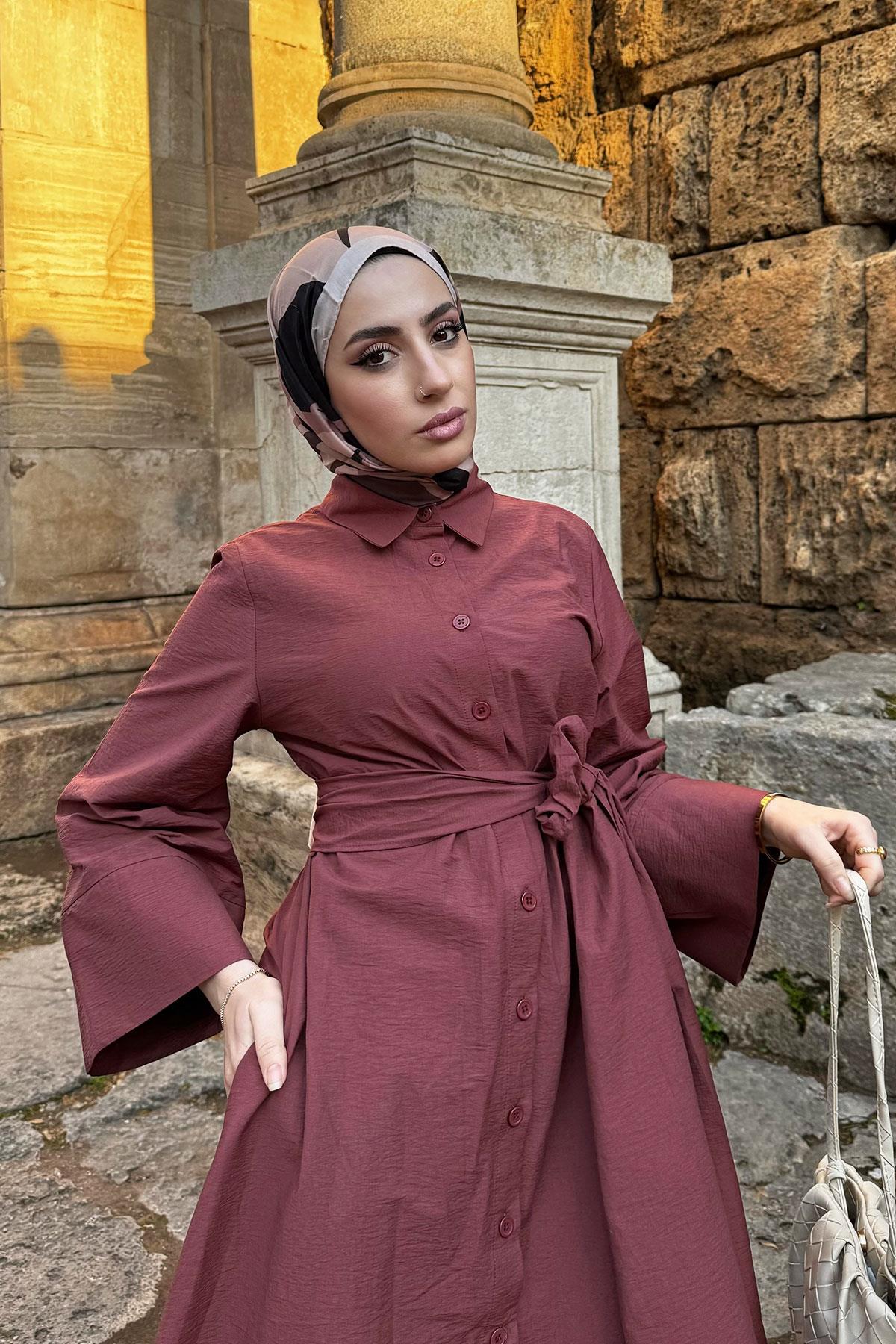 Geniş Kemerli Gömlek Elbise-Bordo
