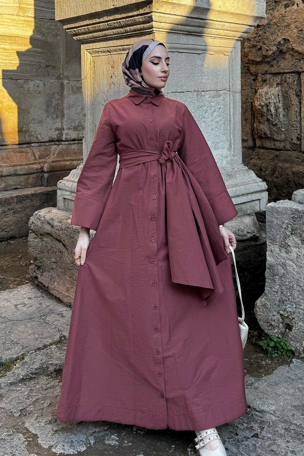 Geniş Kemerli Gömlek Elbise-Bordo