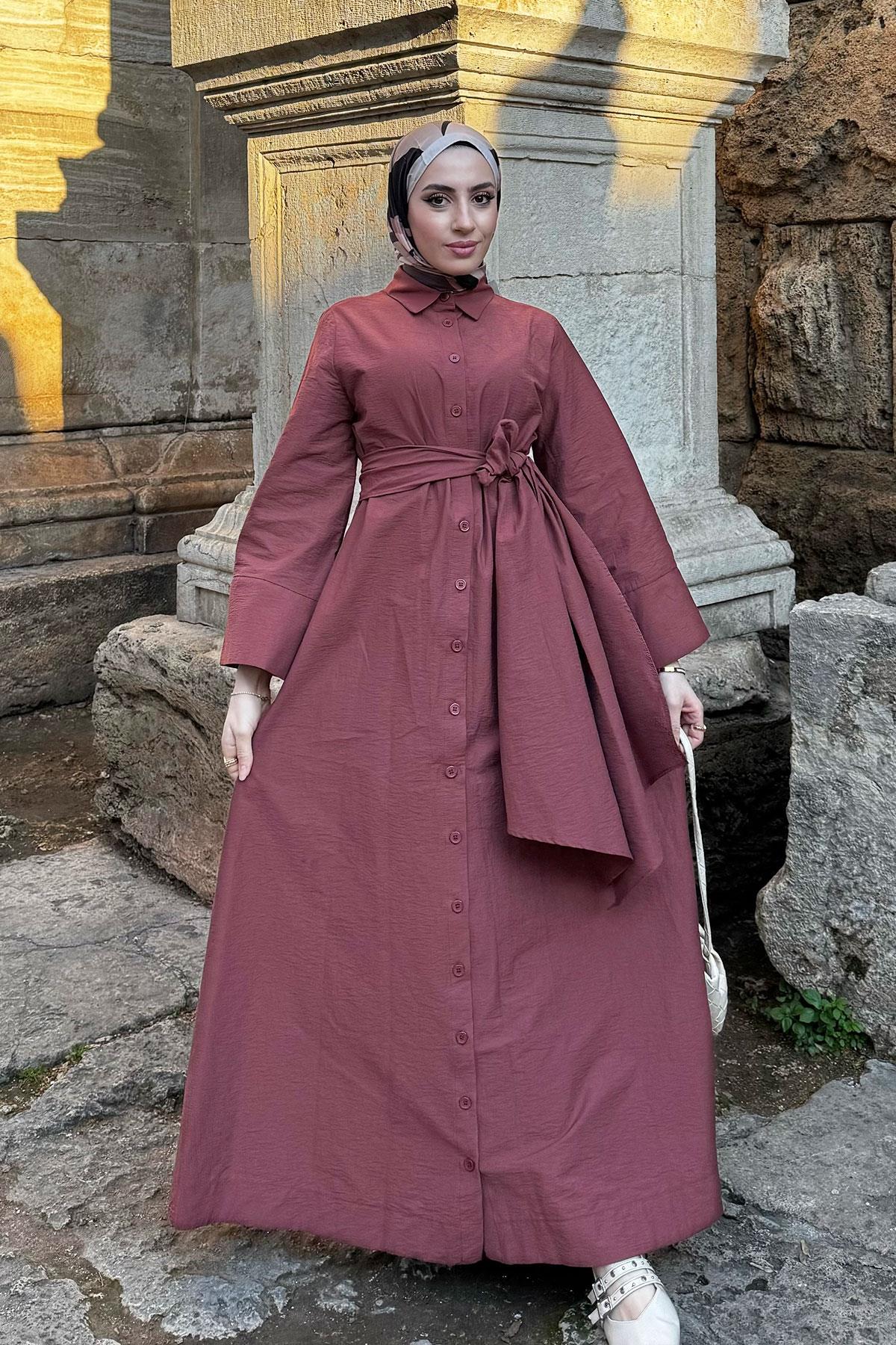 Geniş Kemerli Gömlek Elbise-Bordo