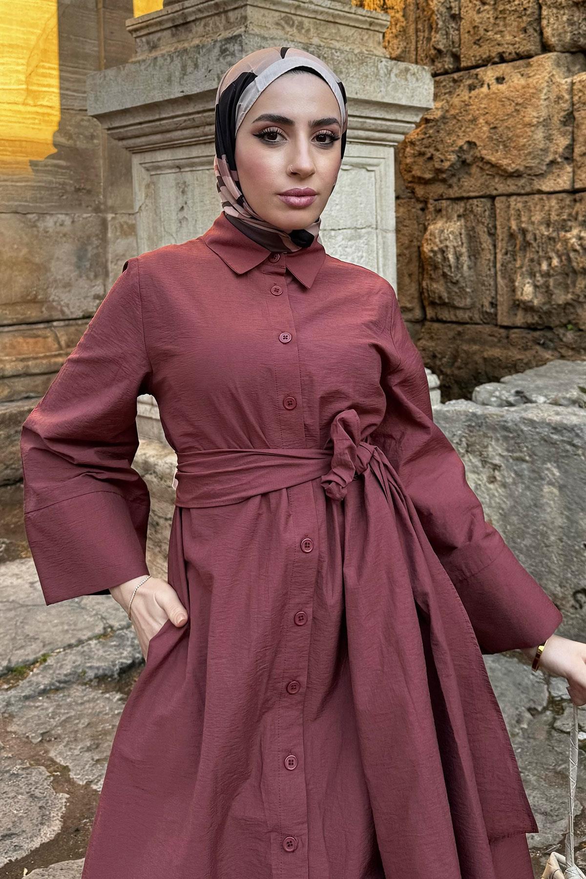 Geniş Kemerli Gömlek Elbise-Bordo