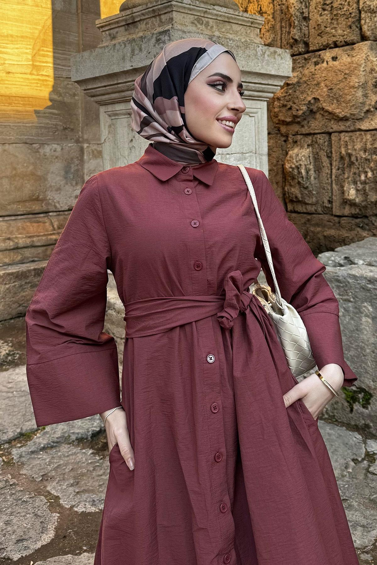 Geniş Kemerli Gömlek Elbise-Bordo