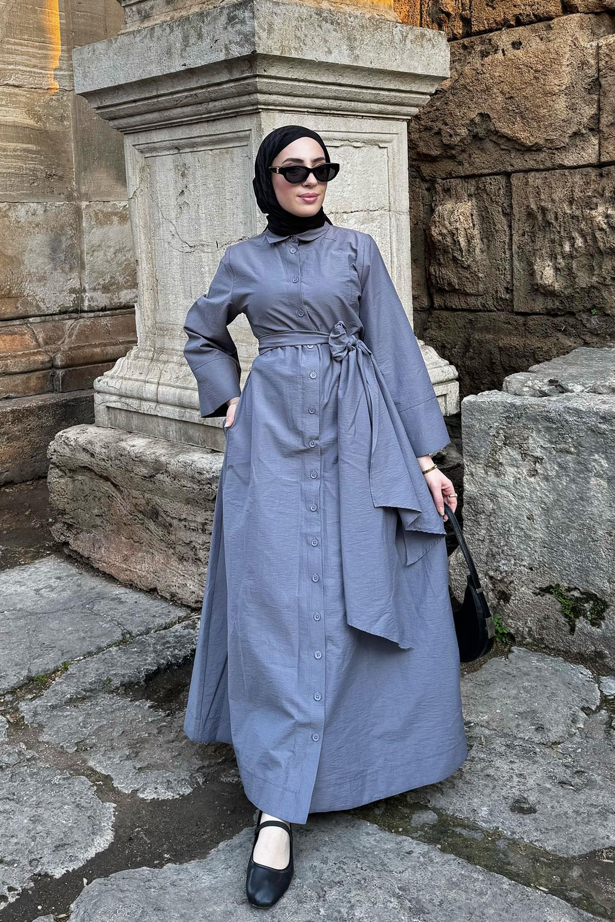 Geniş Kemerli Gömlek Elbise-Gri
