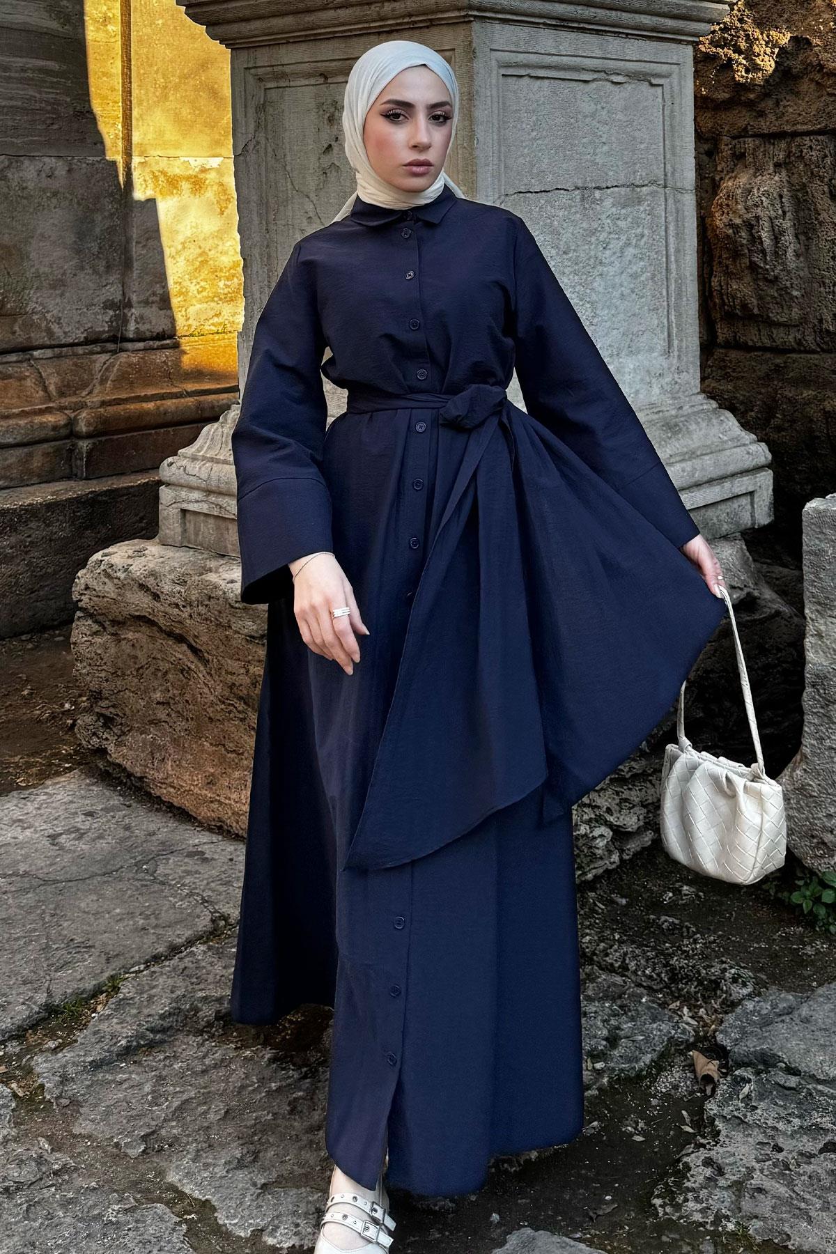 Geniş Kemerli Gömlek Elbise-Lacivert