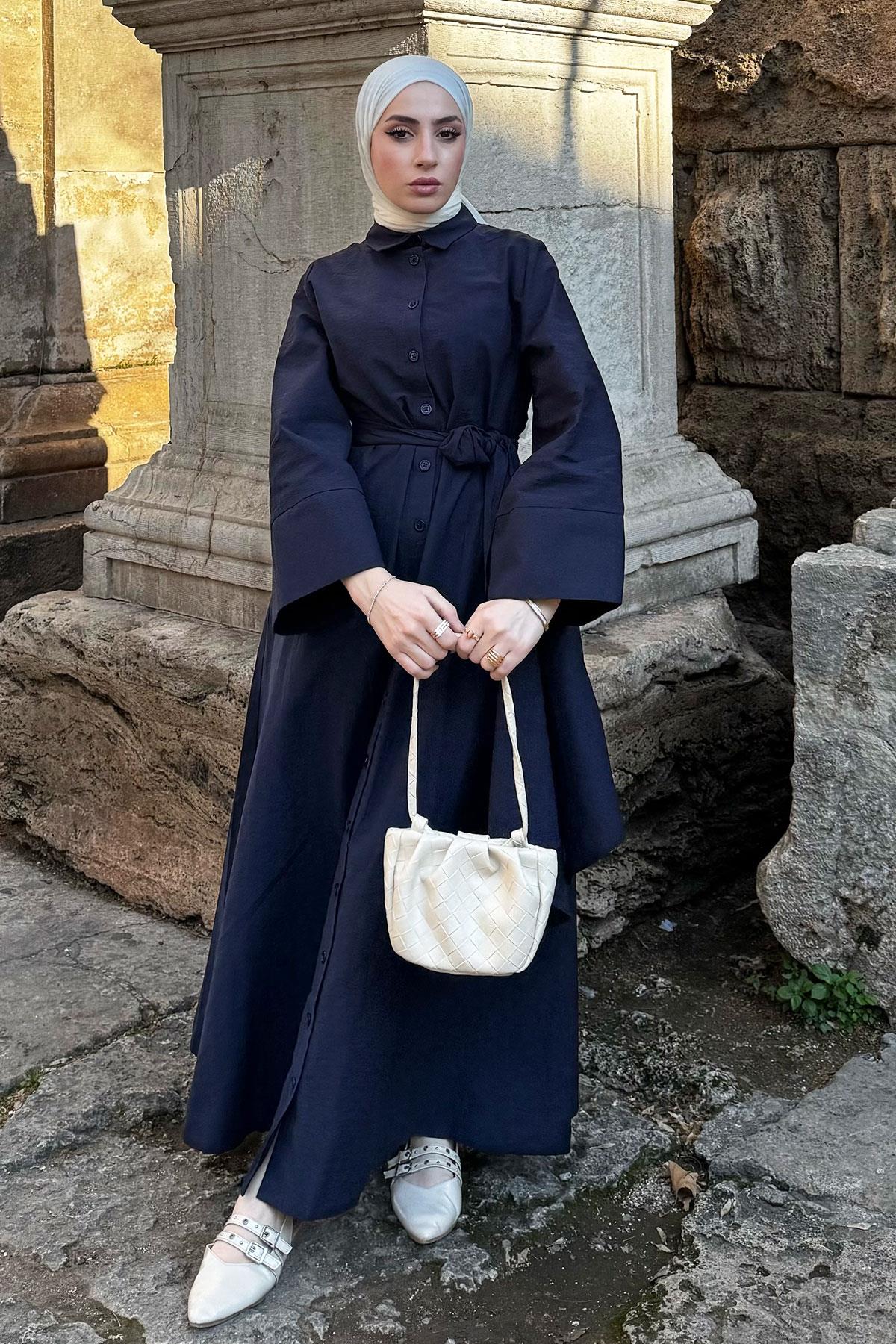 Geniş Kemerli Gömlek Elbise-Lacivert