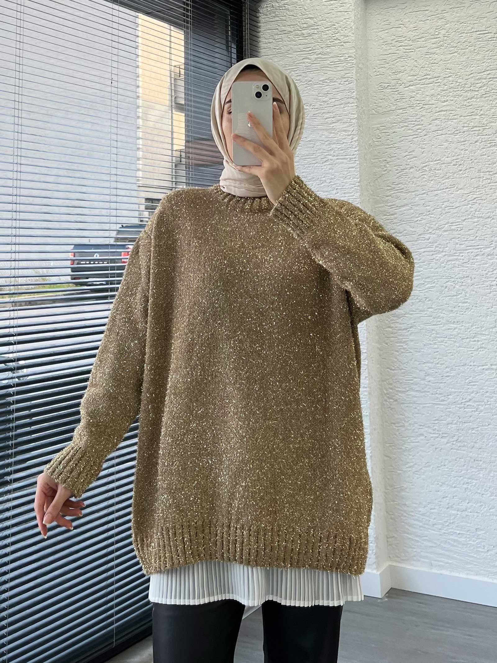 Gold Simli Oversize Kadın Kazak