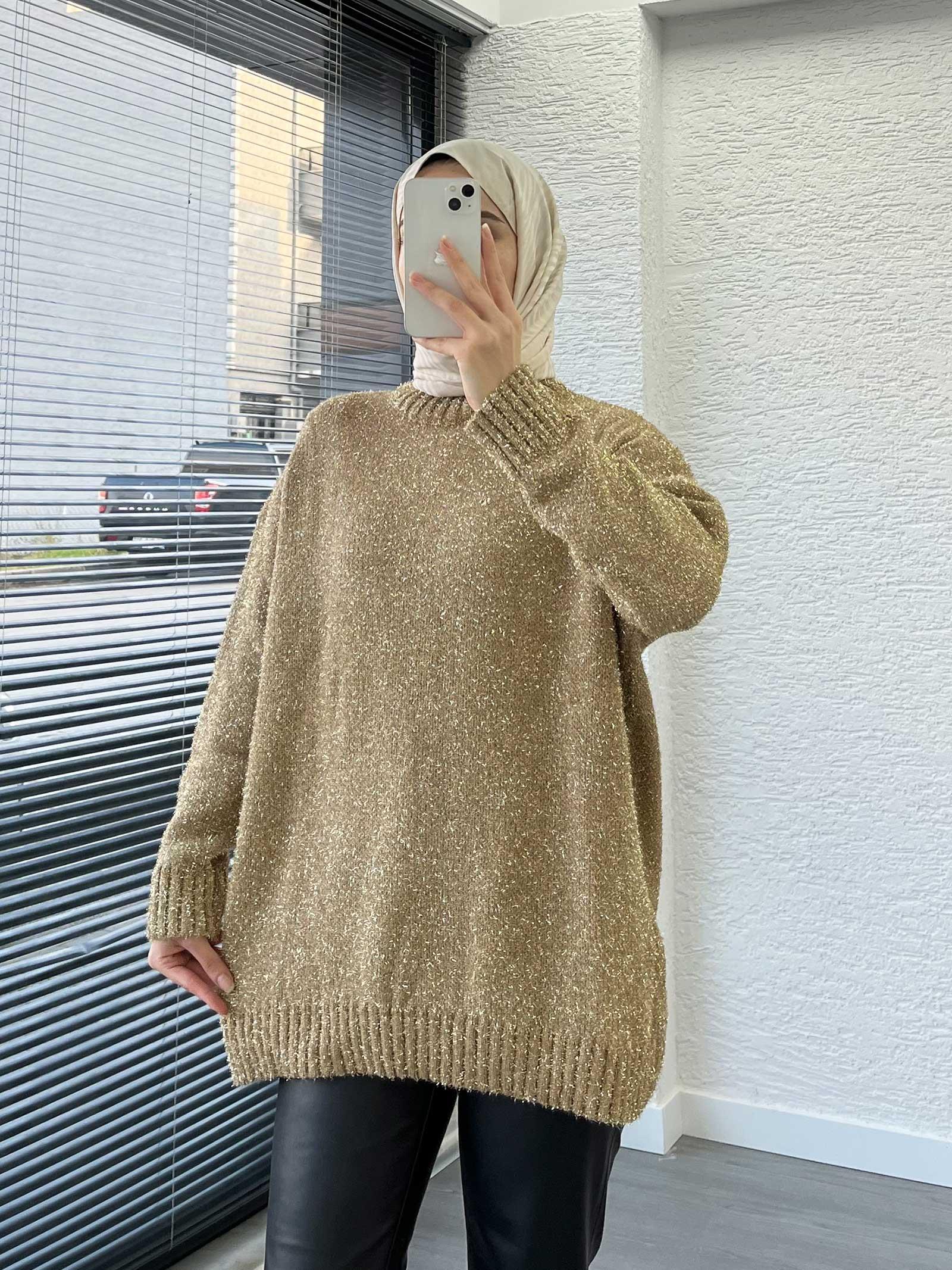Gold Simli Oversize Kadın Kazak