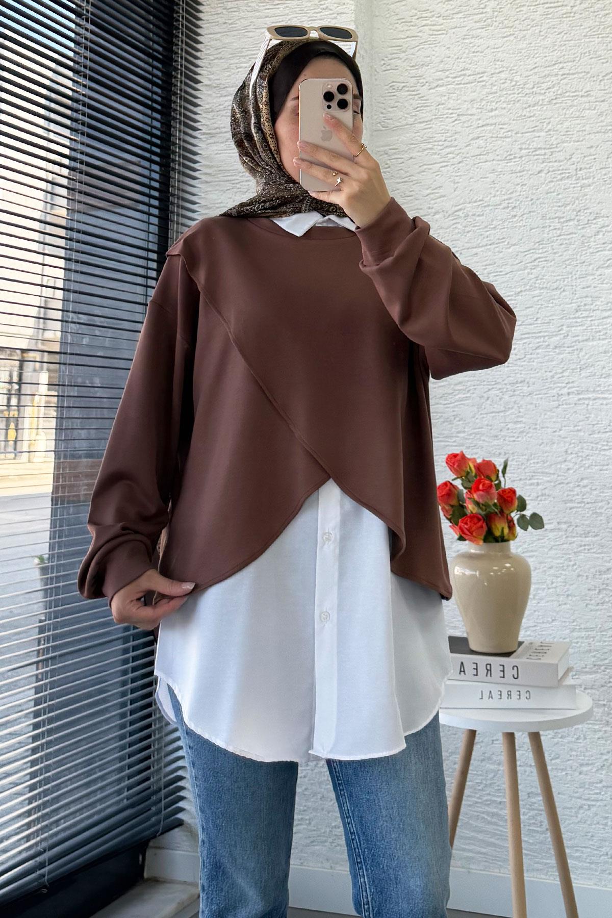 Gömlek Detaylı İkili Kadın Sweatshirt - Kahverengi