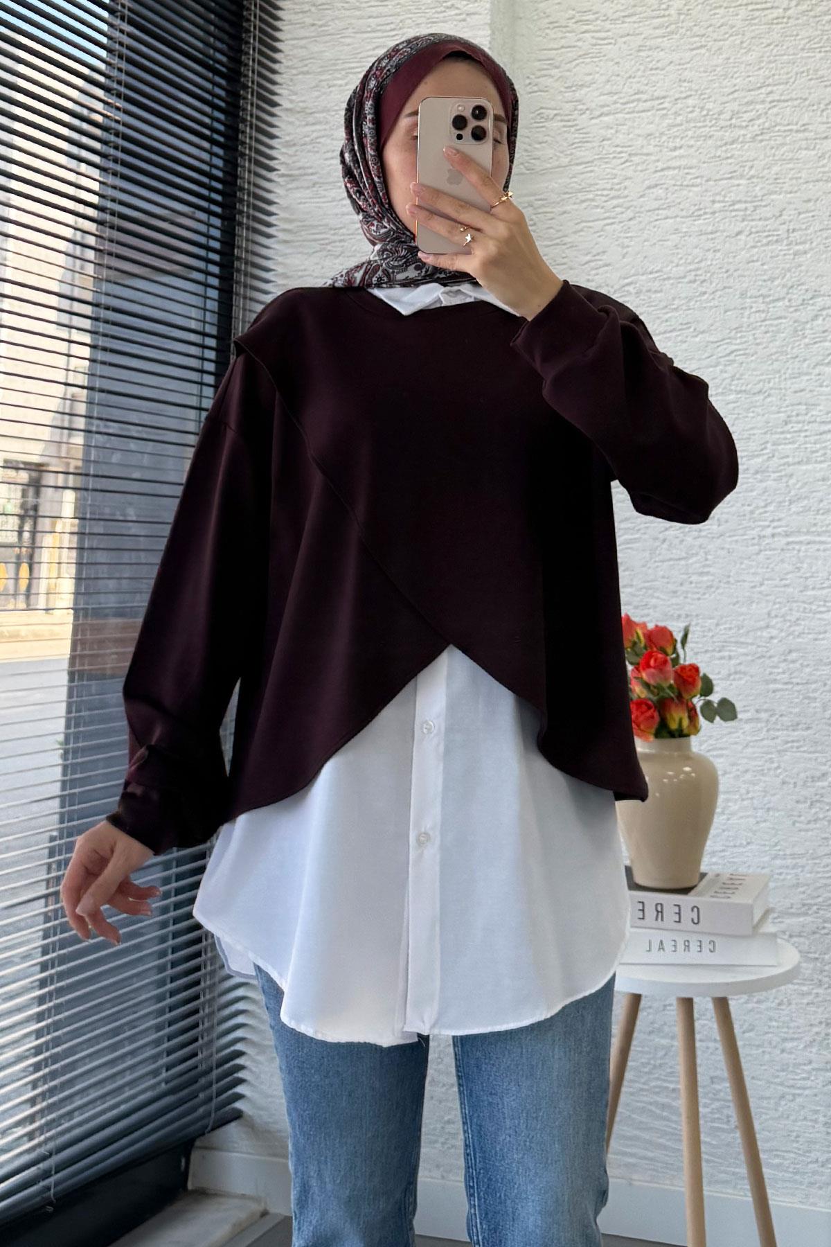 Gömlek Detaylı İkili Kadın Sweatshirt - Mürdüm