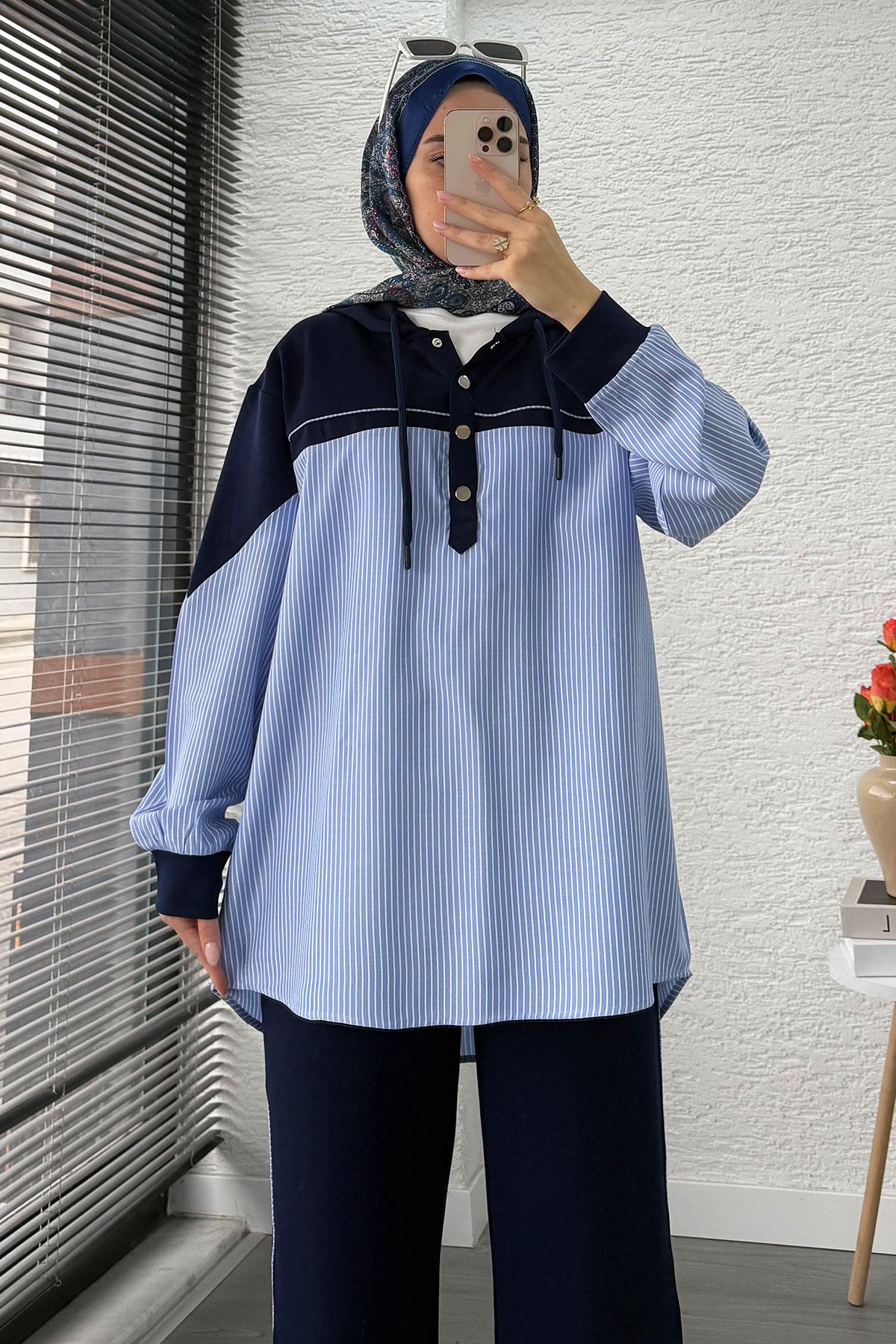 Gömlek Detaylı Sweat İkili Takım –Lacivert