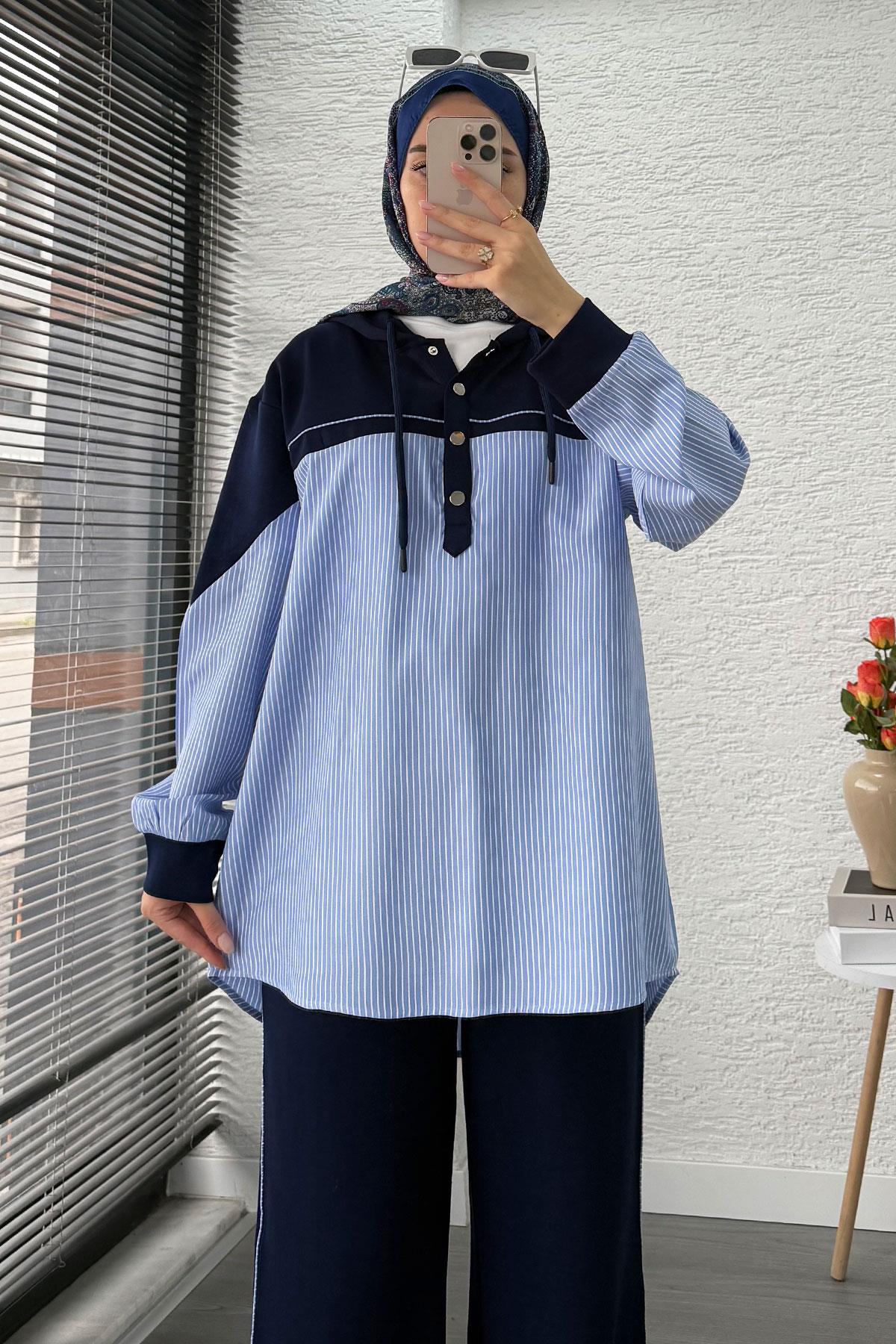 Gömlek Detaylı Sweat İkili Takım –Lacivert