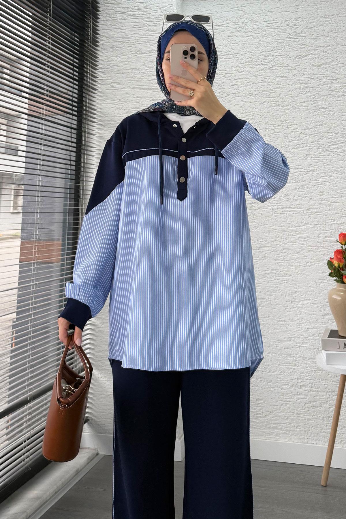 Gömlek Detaylı Sweat İkili Takım –Lacivert