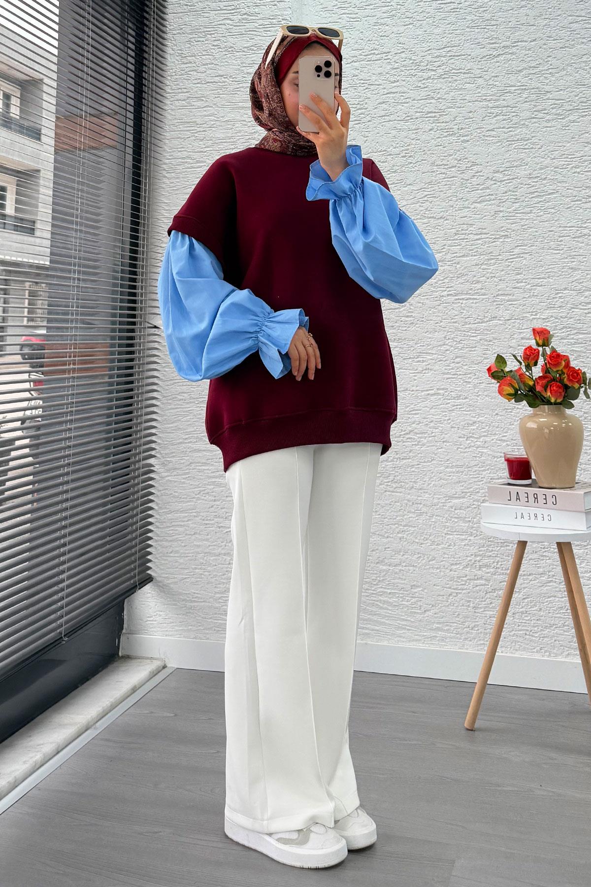 Gömlek Kol Oversize Kadın Sweat – Bordo
