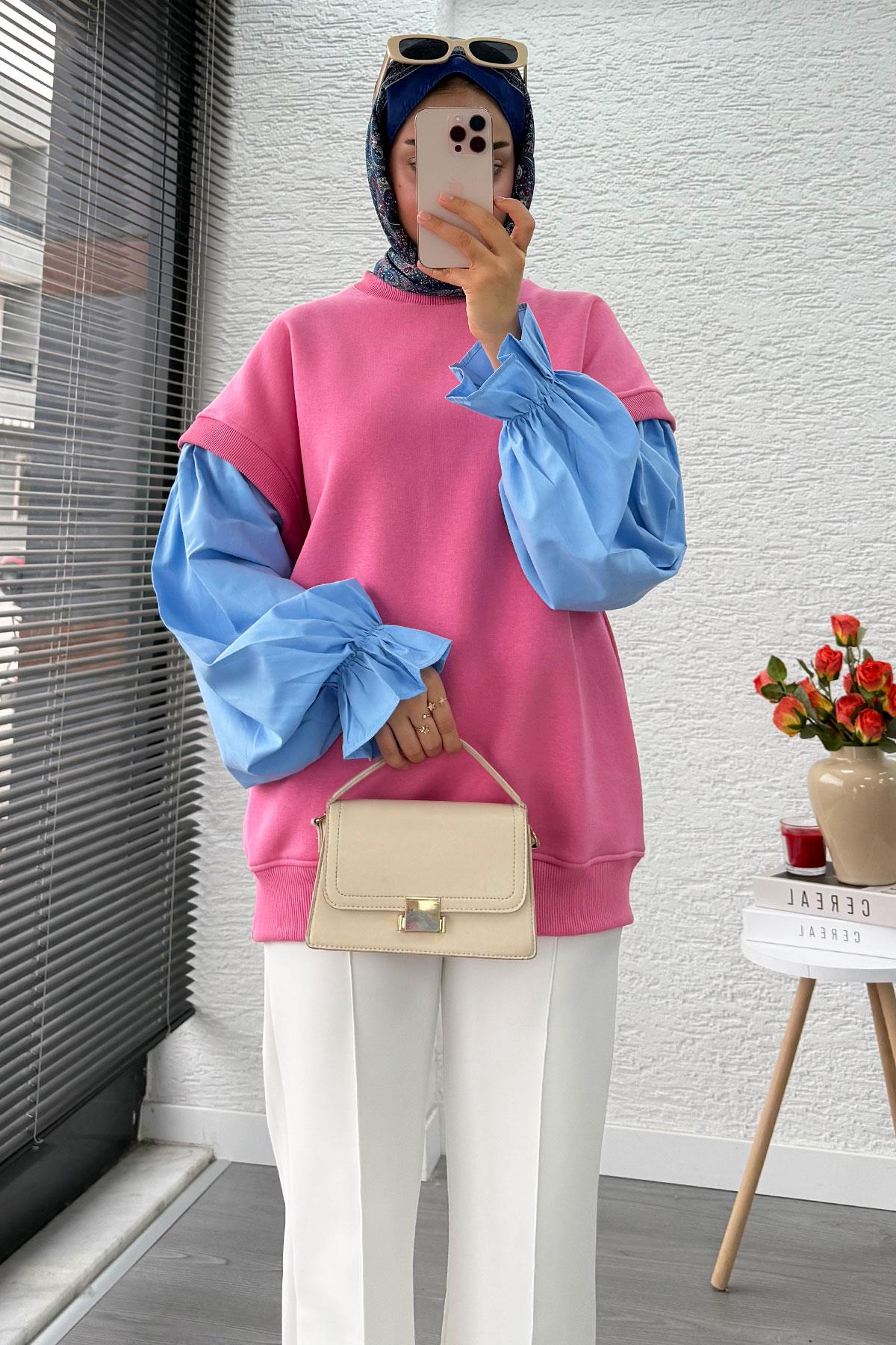 Gömlek Kol Oversize Kadın Sweat – Pembe