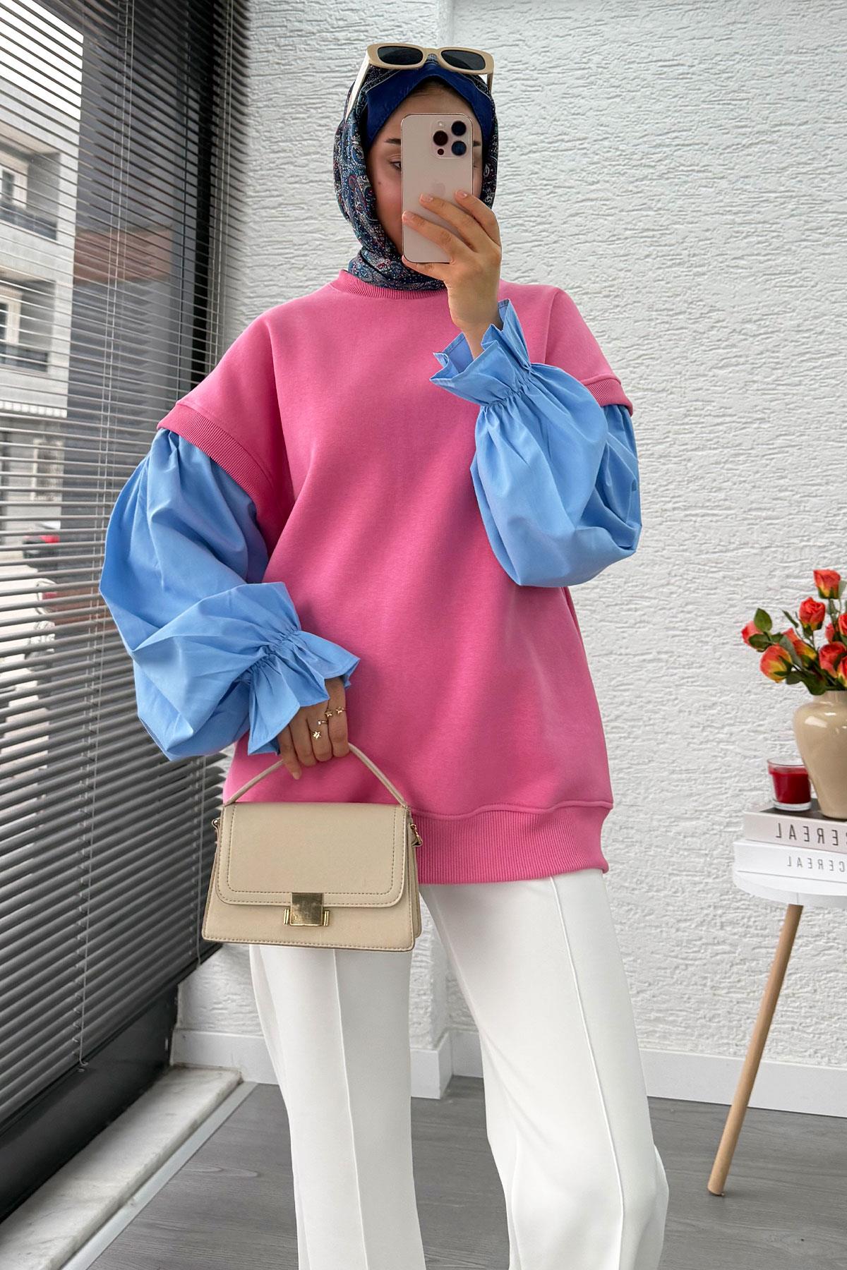 Gömlek Kol Oversize Kadın Sweat – Pembe