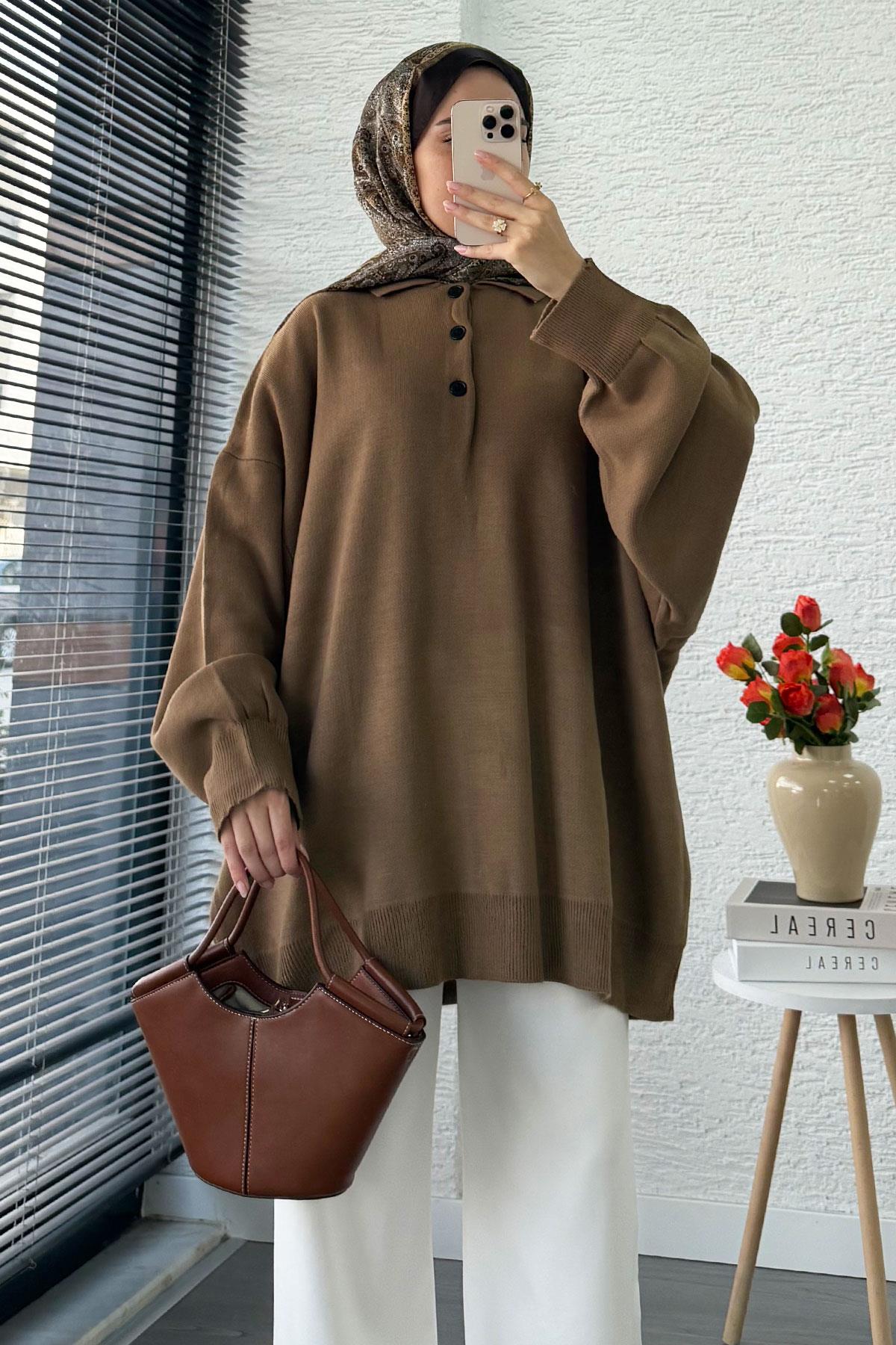 Gömlek Yaka Kadın Oversize Triko Kazak - Kahverengi