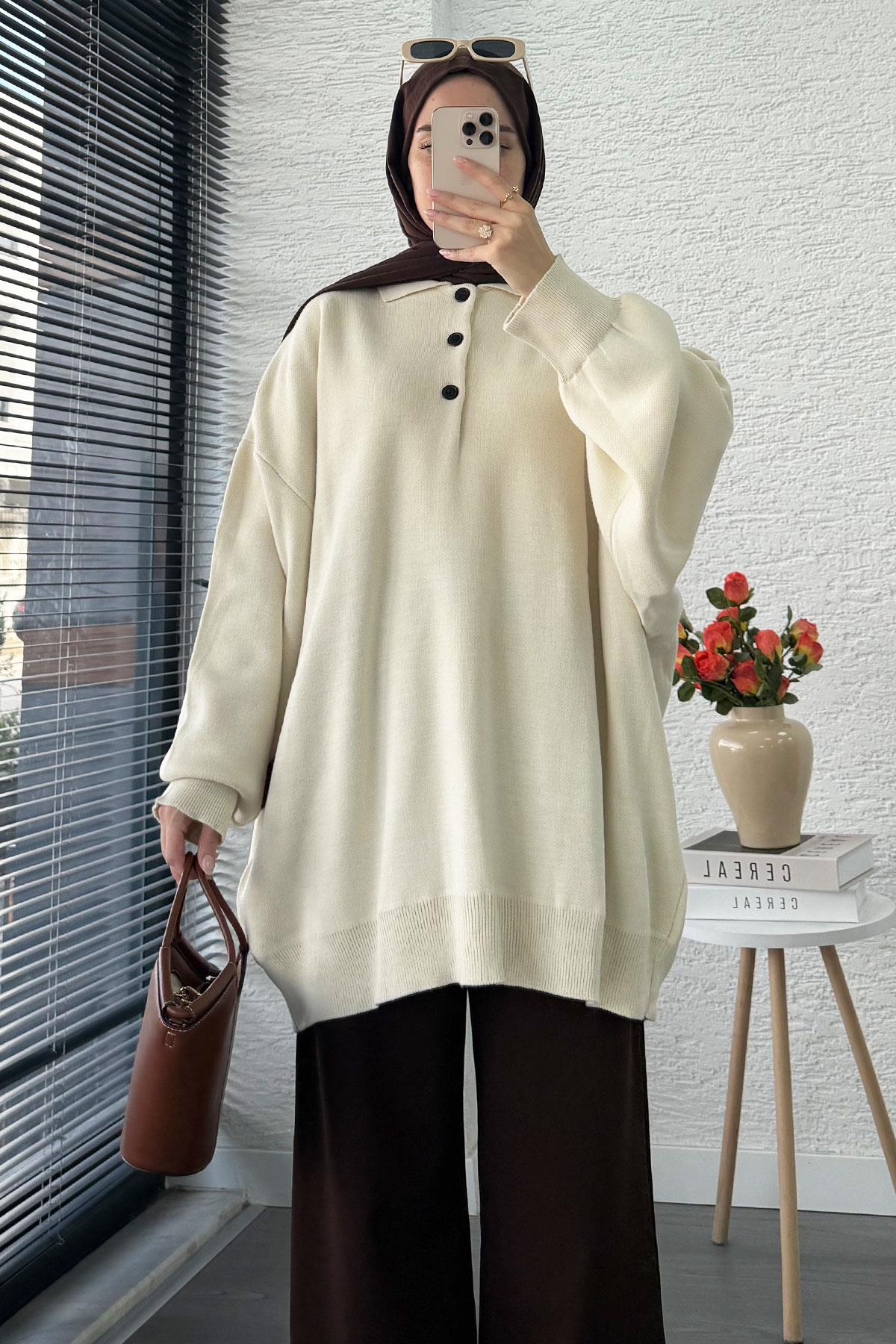 Gömlek Yaka Kadın Oversize Triko Kazak - Ekru