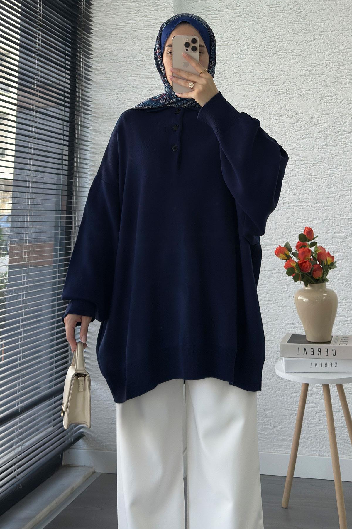 Gömlek Yaka Kadın Oversize Triko Kazak - Lacivert