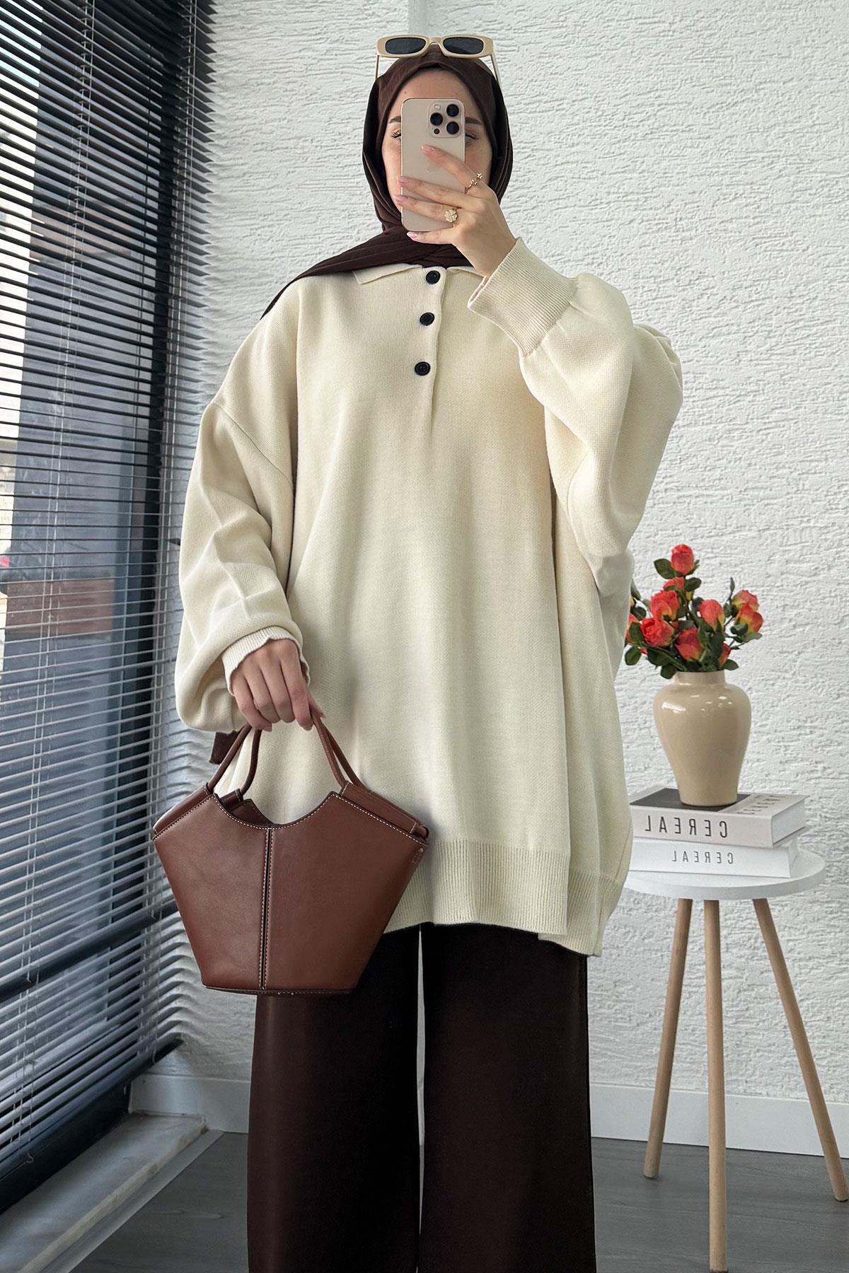 Gömlek Yaka Kadın Oversize Triko Kazak - Ekru
