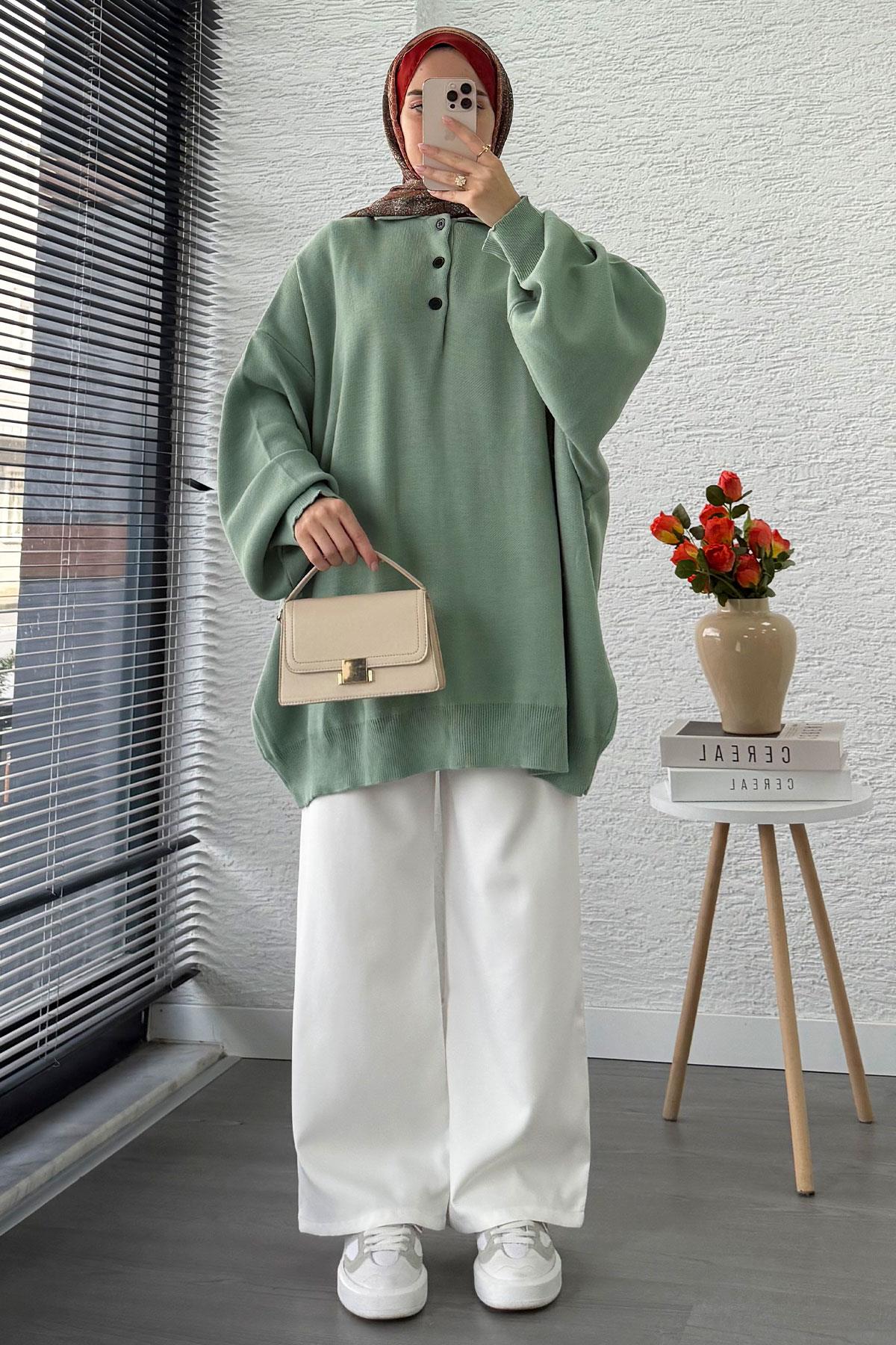 Gömlek Yaka Kadın Oversize Triko Kazak - Mint
