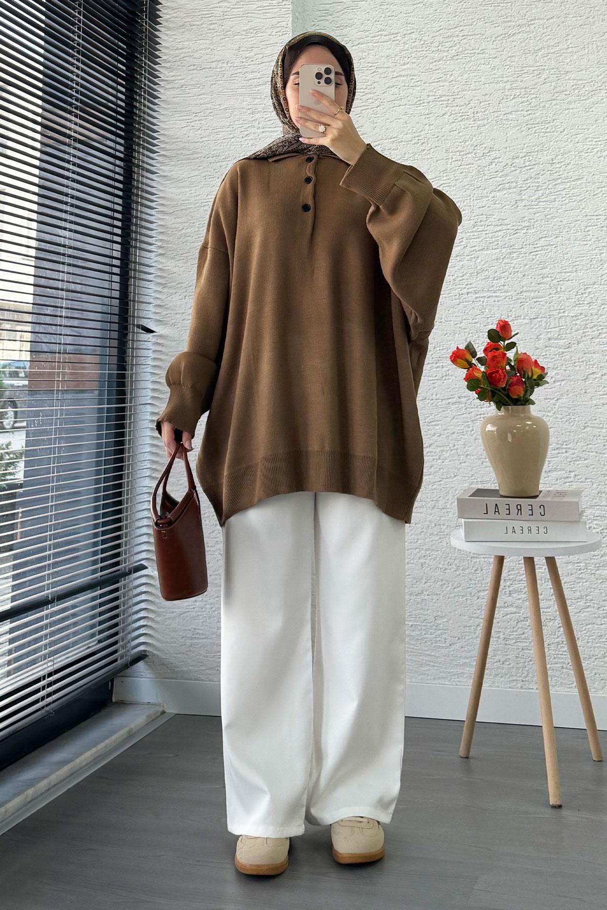 Gömlek Yaka Kadın Oversize Triko Kazak - Kahverengi