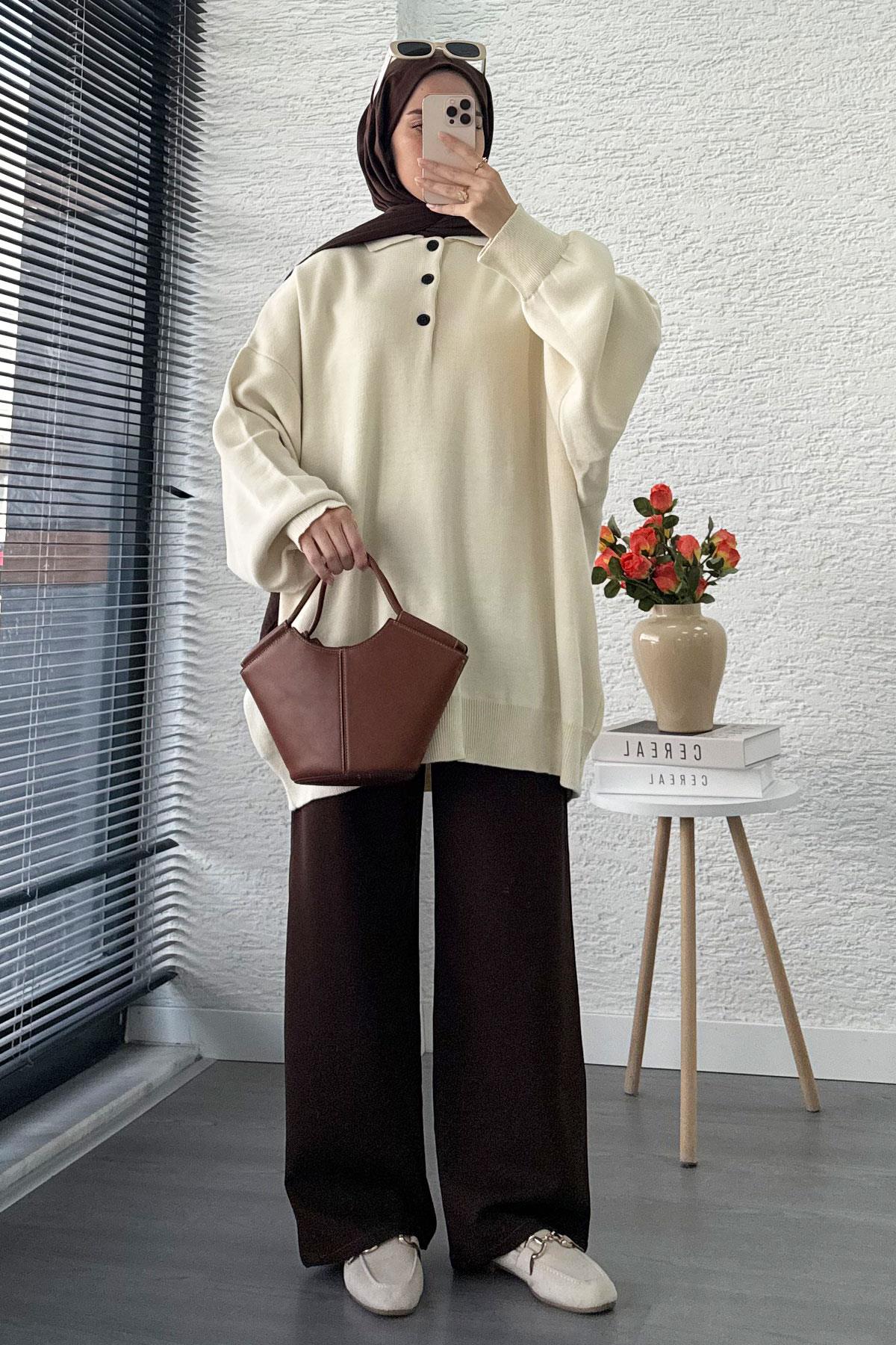 Gömlek Yaka Kadın Oversize Triko Kazak - Ekru