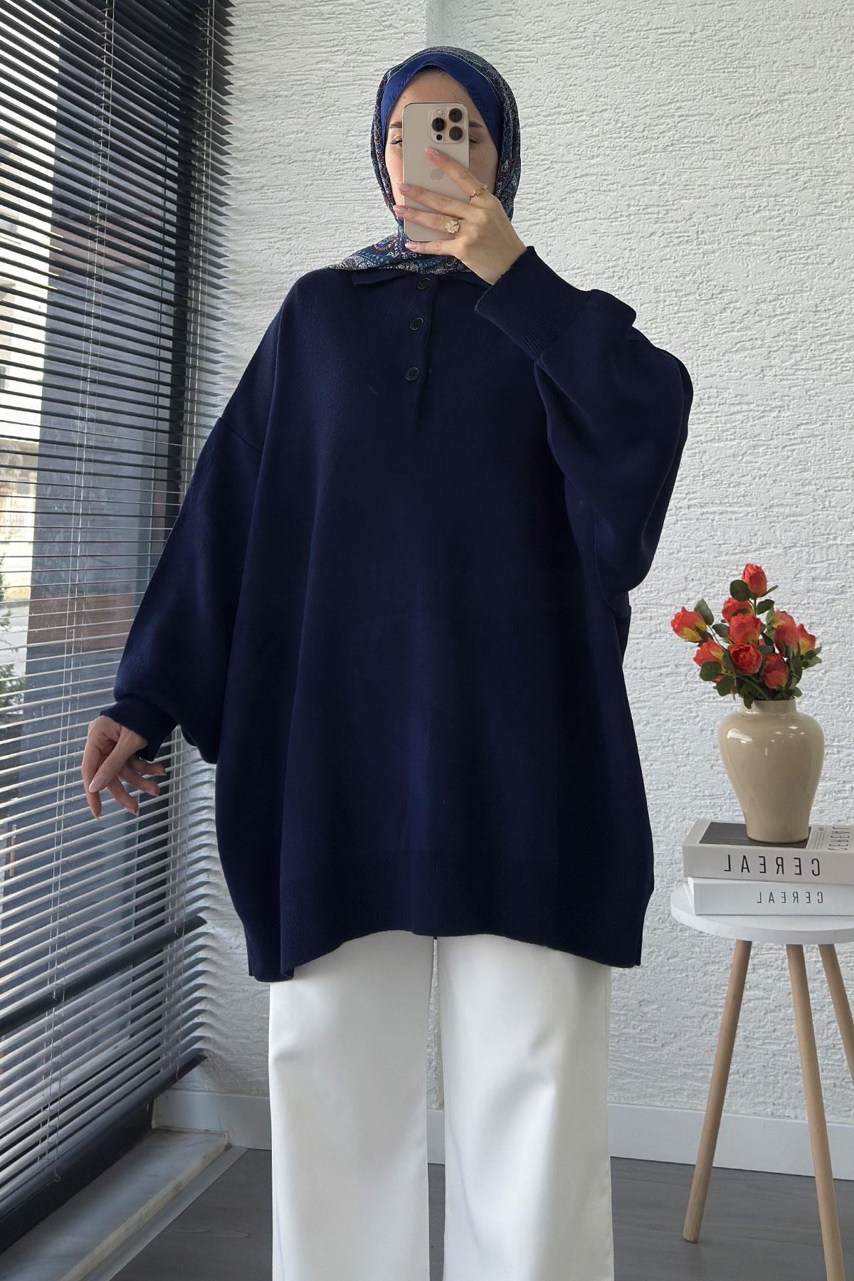 Gömlek Yaka Kadın Oversize Triko Kazak - Lacivert