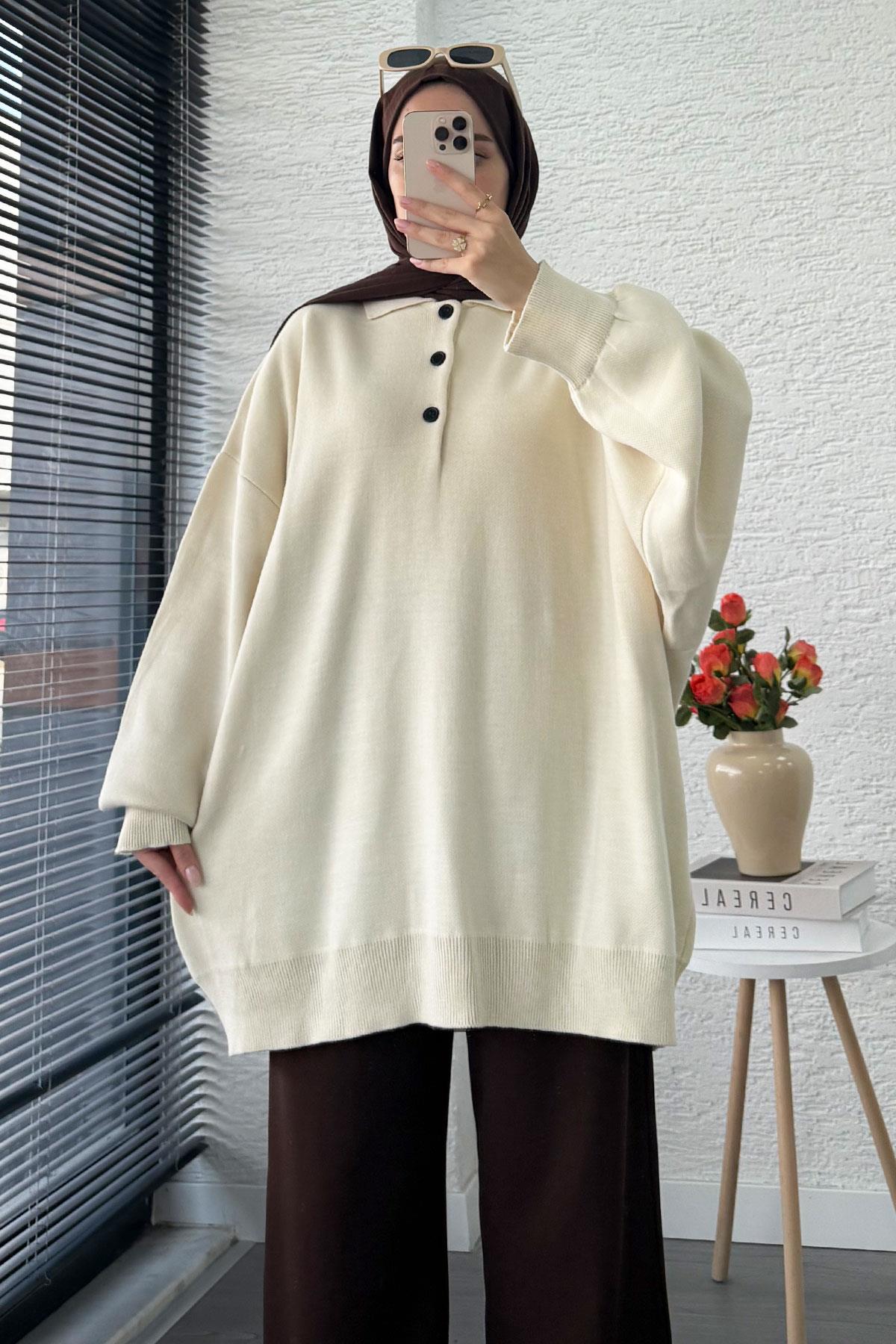 Gömlek Yaka Kadın Oversize Triko Kazak - Ekru