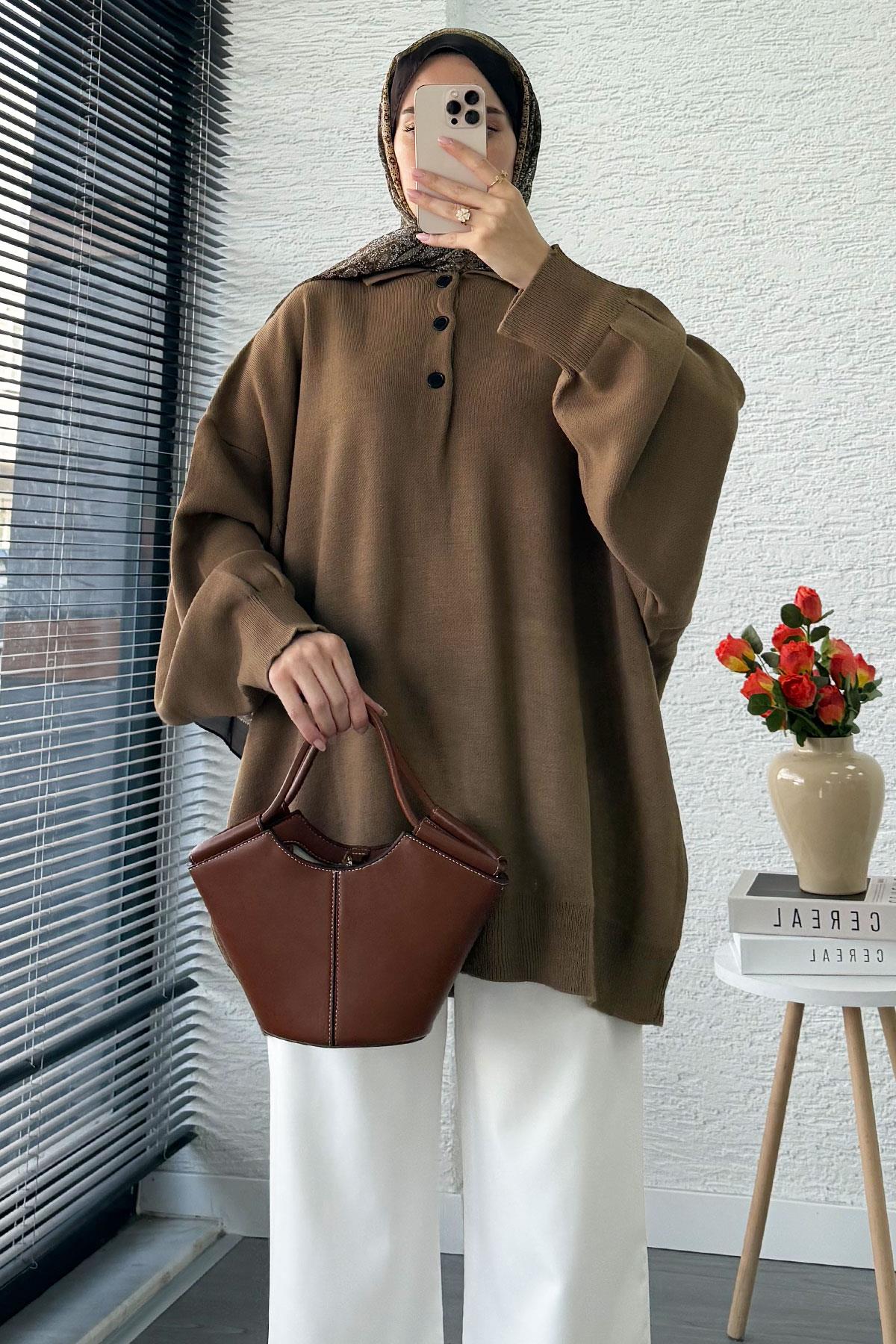 Gömlek Yaka Kadın Oversize Triko Kazak - Kahverengi