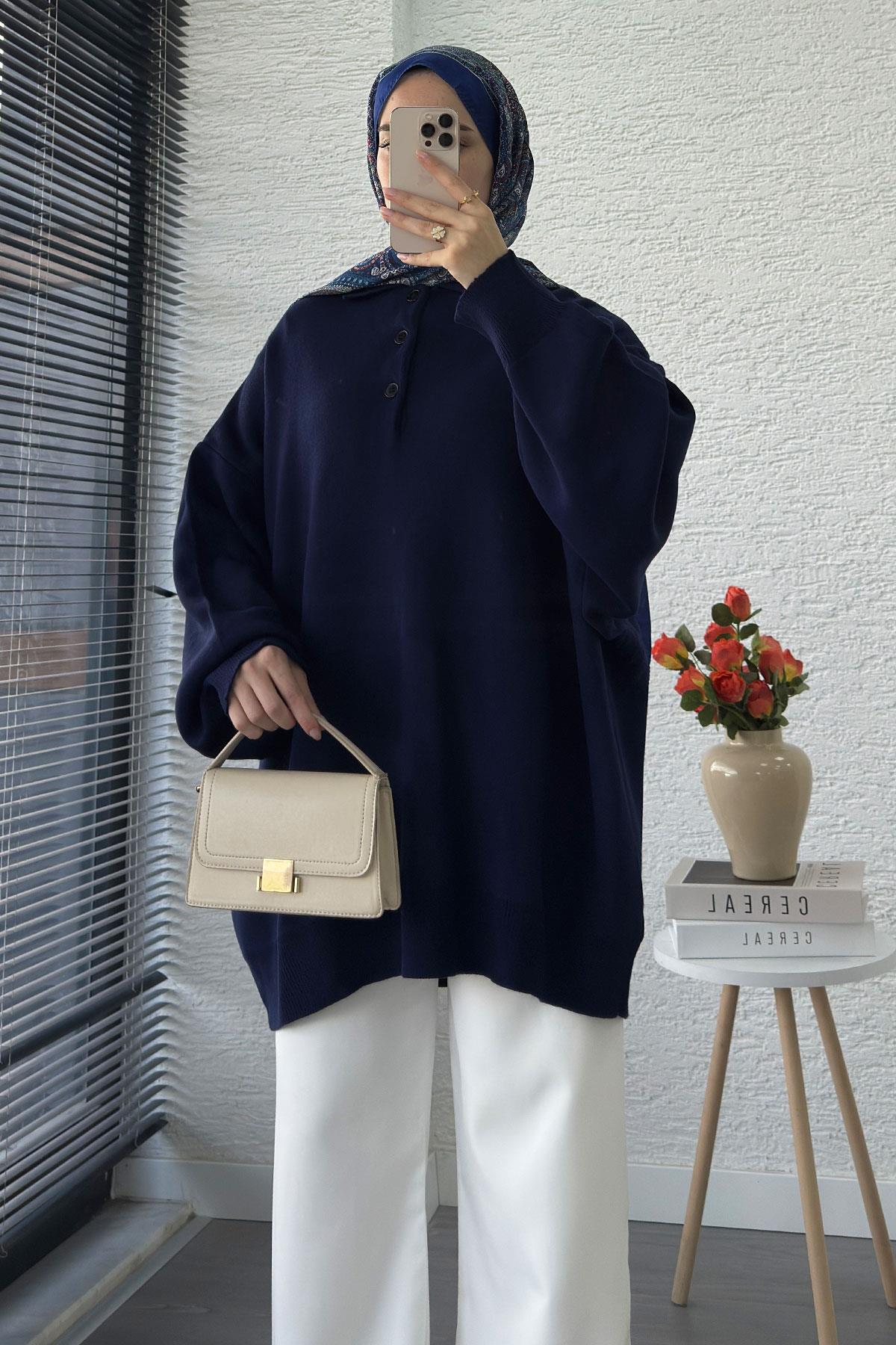 Gömlek Yaka Kadın Oversize Triko Kazak - Lacivert
