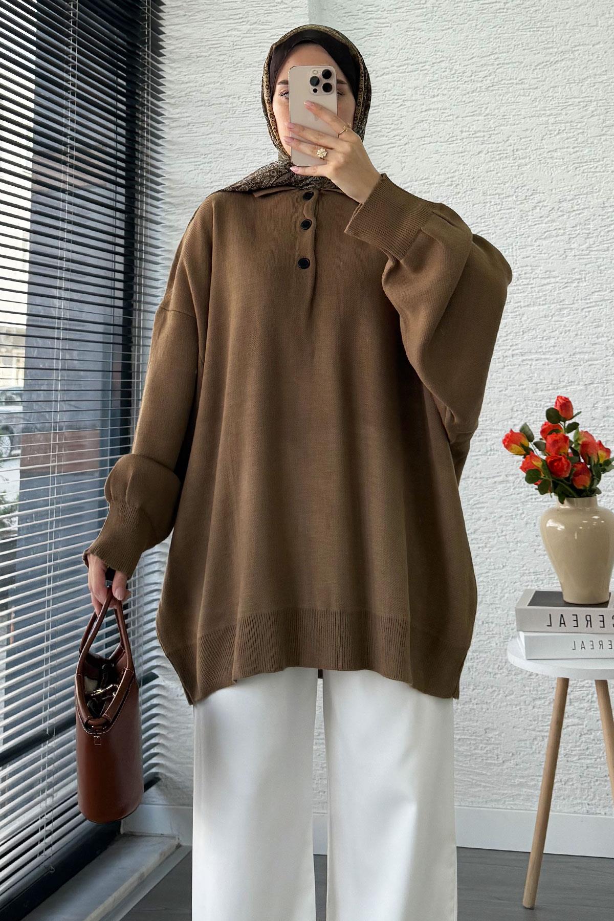 Gömlek Yaka Kadın Oversize Triko Kazak - Kahverengi