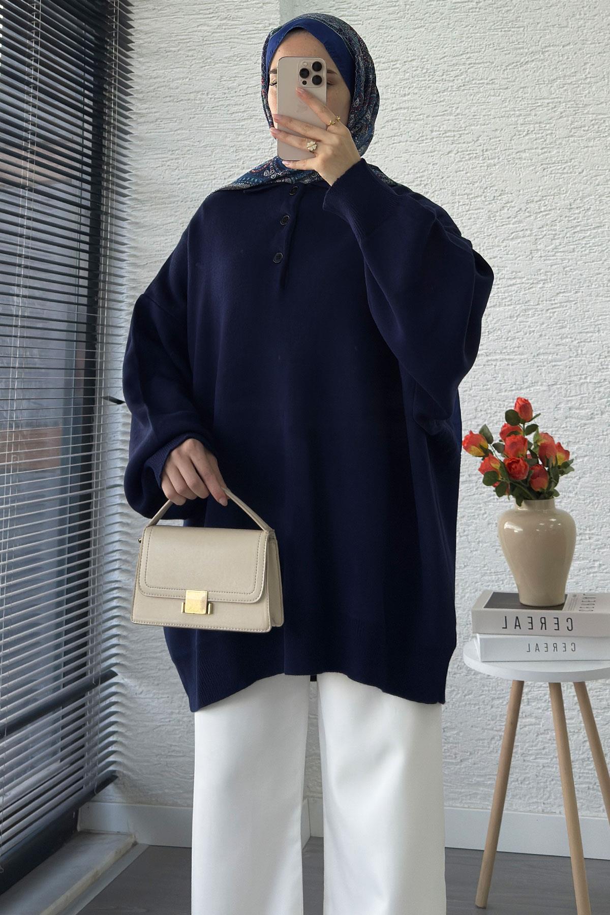 Gömlek Yaka Kadın Oversize Triko Kazak - Lacivert