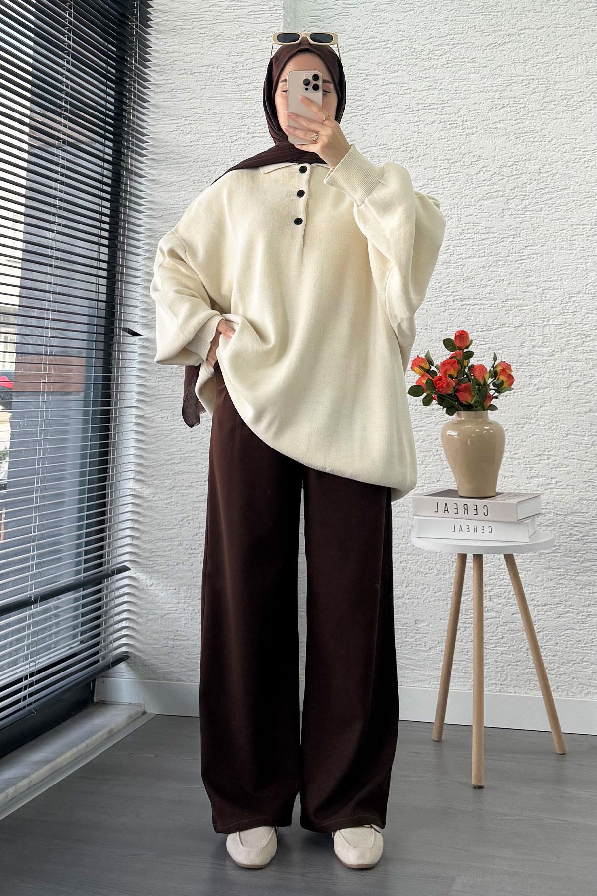 Gömlek Yaka Kadın Oversize Triko Kazak - Ekru
