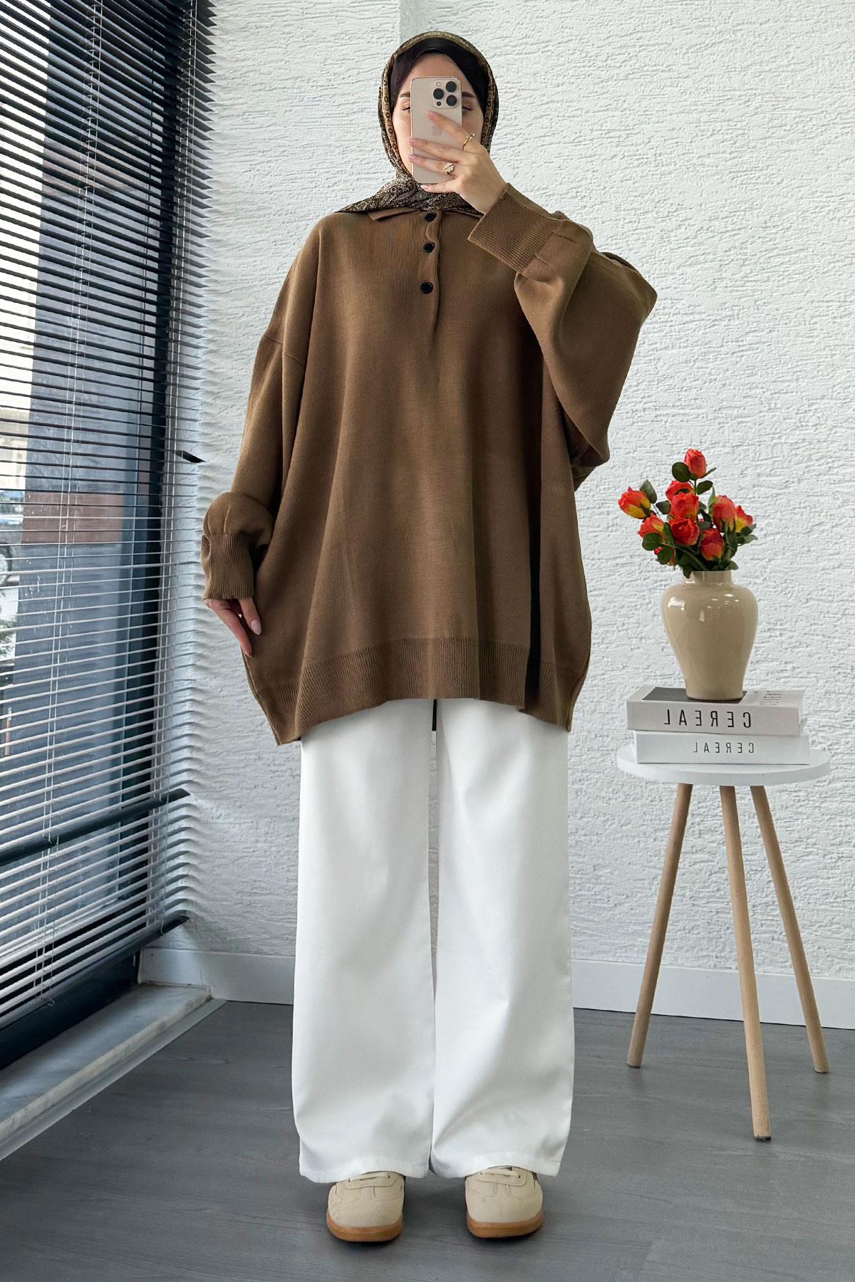 Gömlek Yaka Kadın Oversize Triko Kazak - Kahverengi