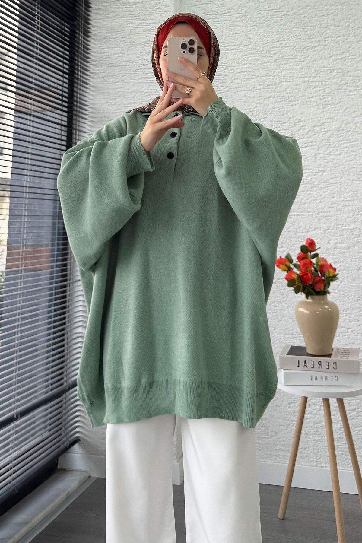 Gömlek Yaka Kadın Oversize Triko Kazak - Mint