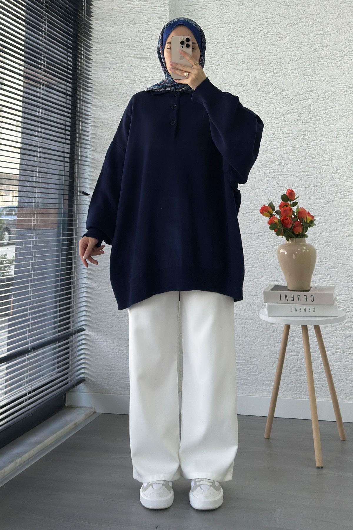 Gömlek Yaka Kadın Oversize Triko Kazak - Lacivert