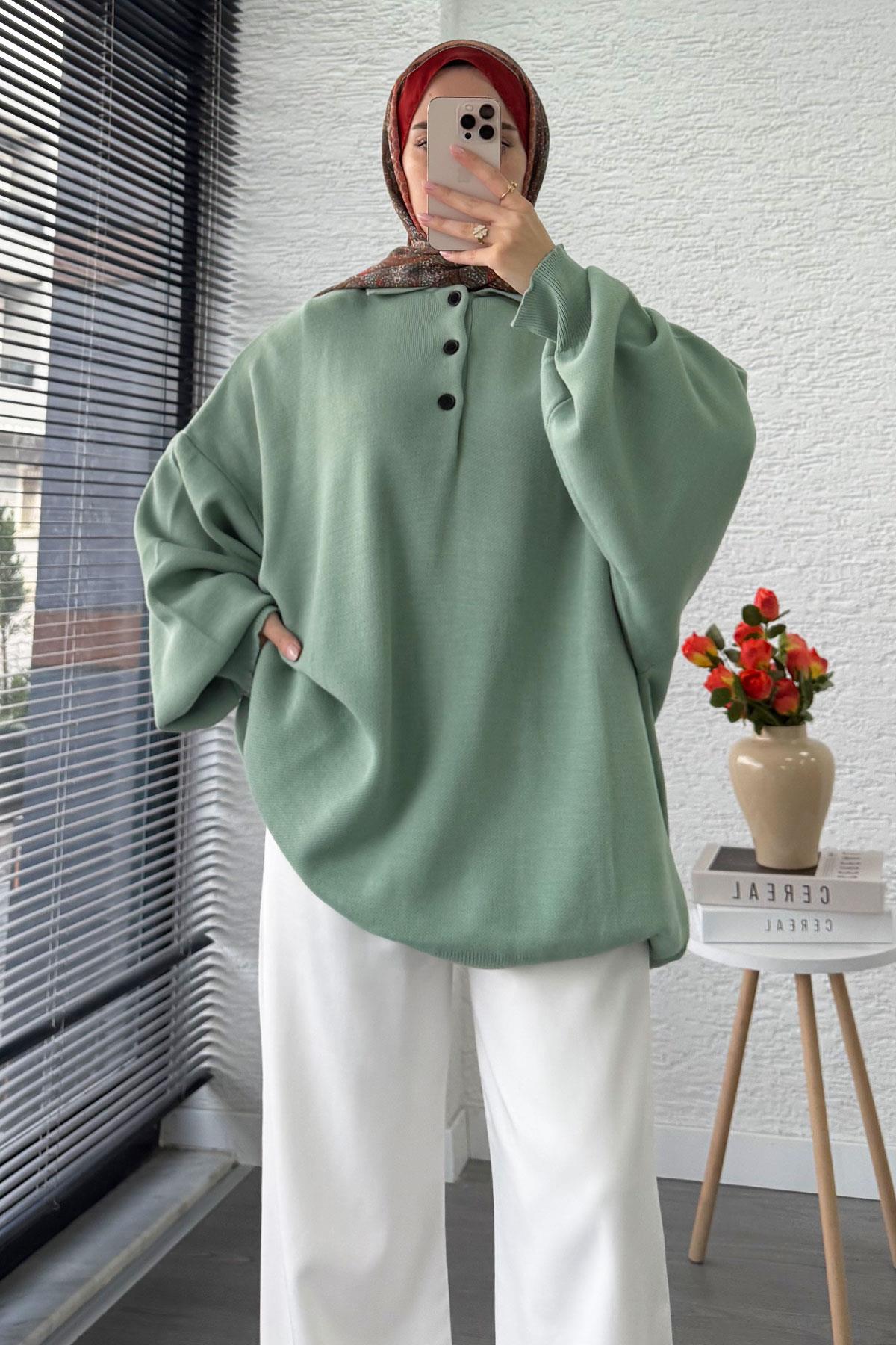 Gömlek Yaka Kadın Oversize Triko Kazak - Mint