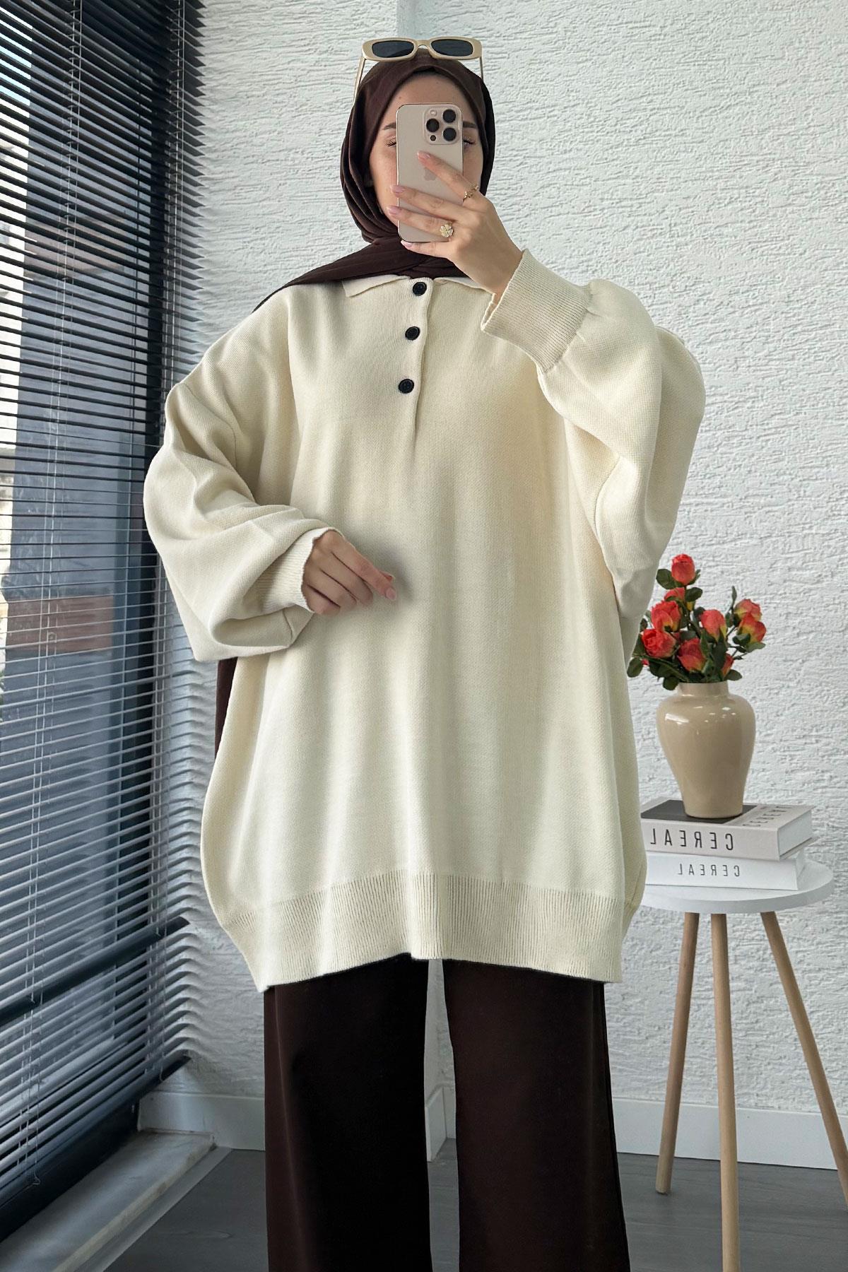 Gömlek Yaka Kadın Oversize Triko Kazak - Ekru