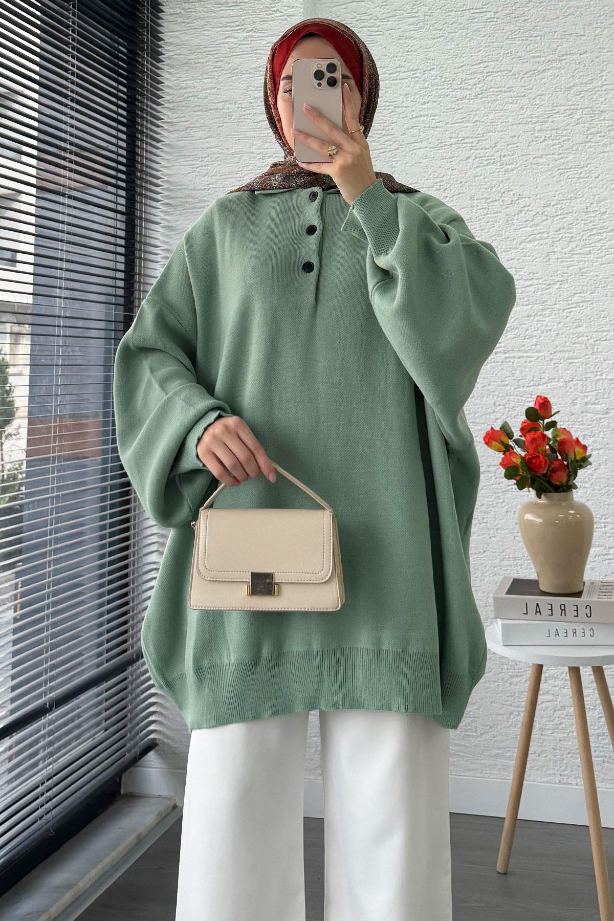 Gömlek Yaka Kadın Oversize Triko Kazak - Mint