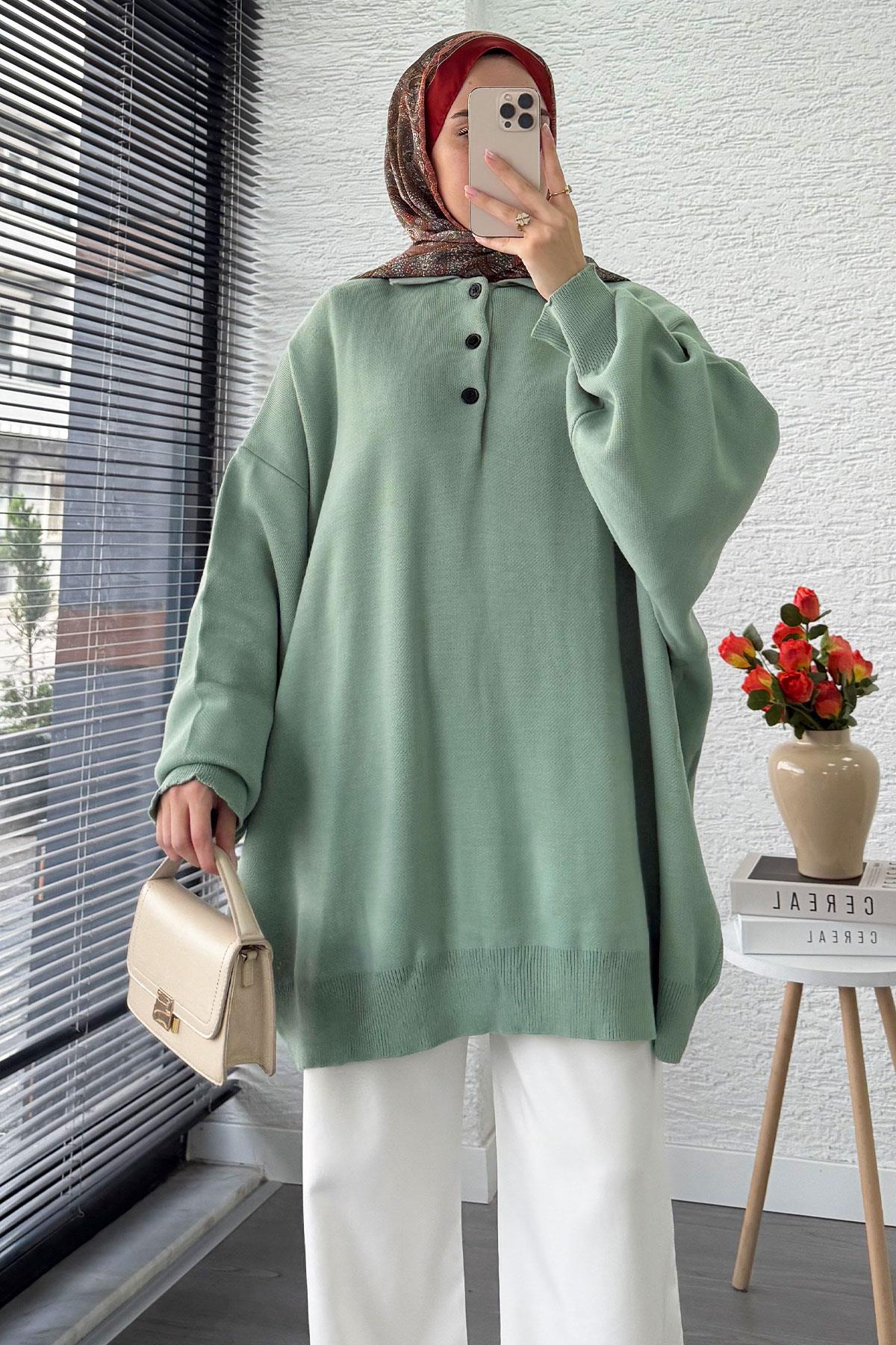Gömlek Yaka Kadın Oversize Triko Kazak - Mint