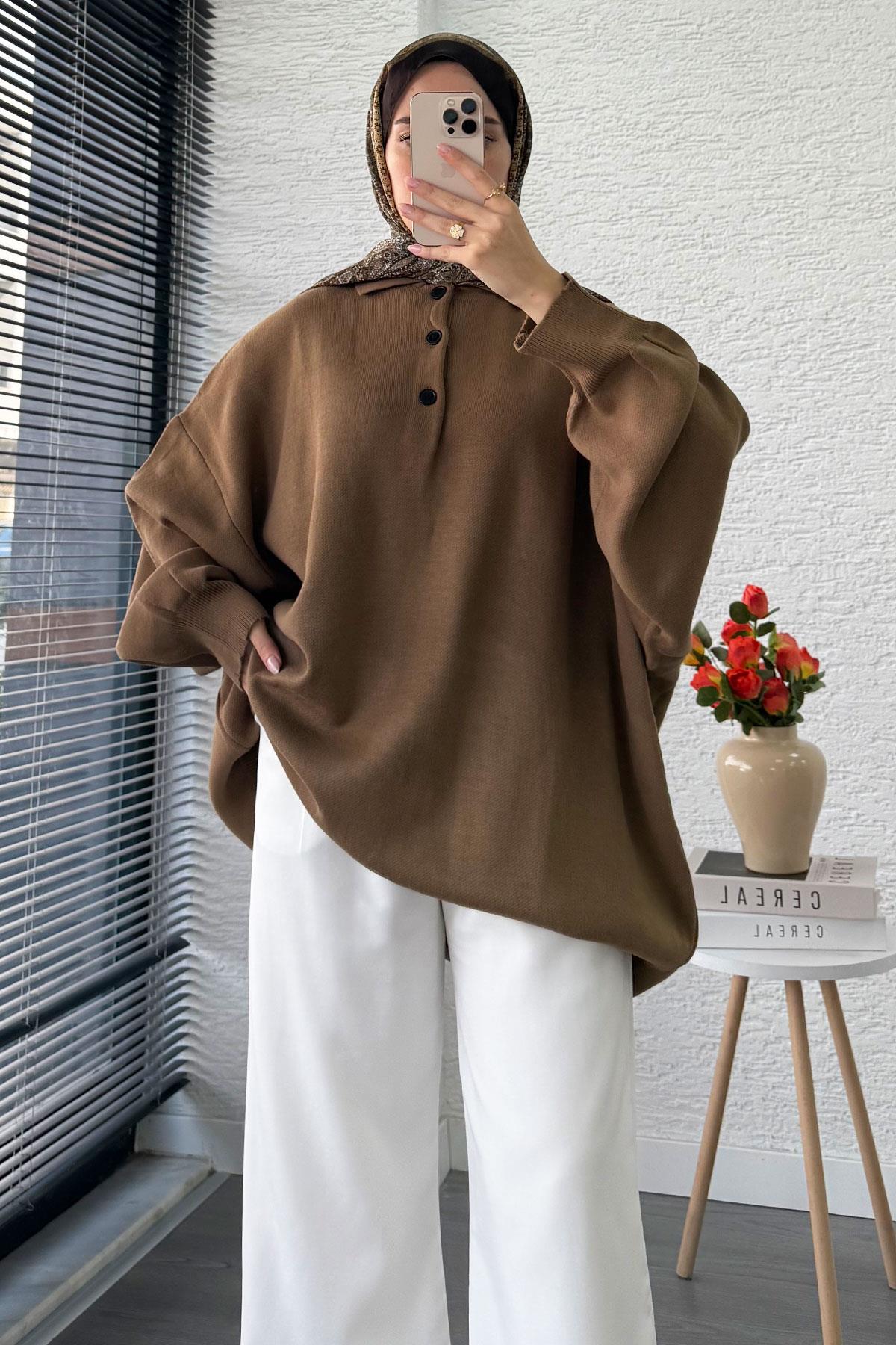 Gömlek Yaka Kadın Oversize Triko Kazak - Kahverengi
