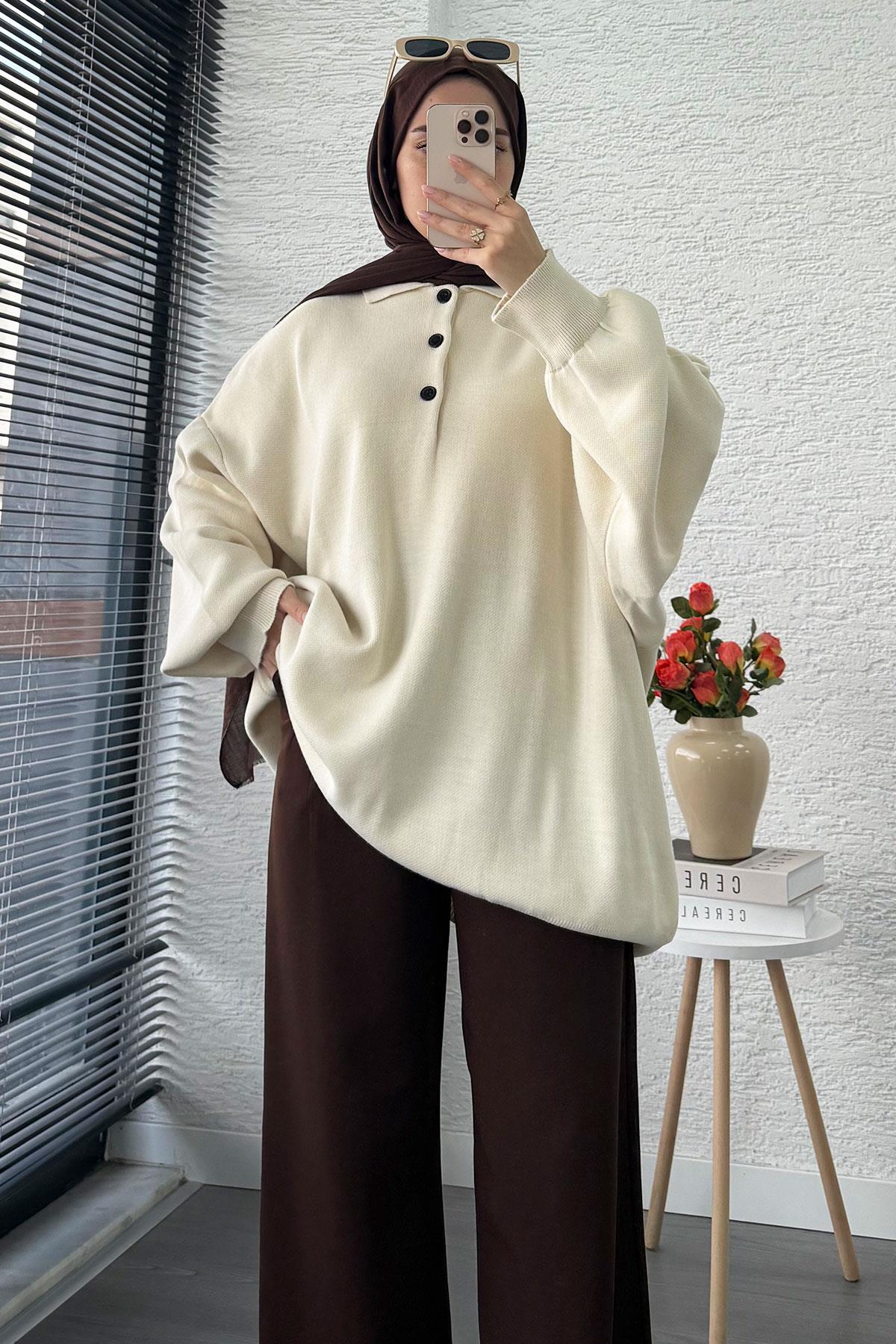 Gömlek Yaka Kadın Oversize Triko Kazak - Ekru