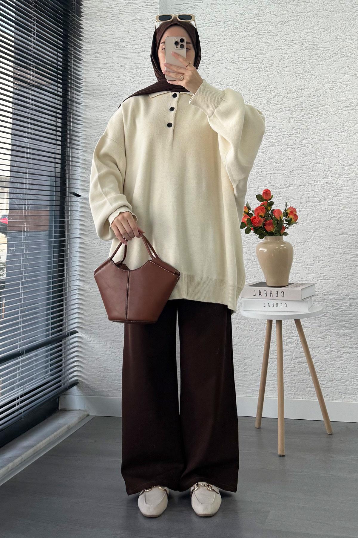 Gömlek Yaka Kadın Oversize Triko Kazak - Ekru