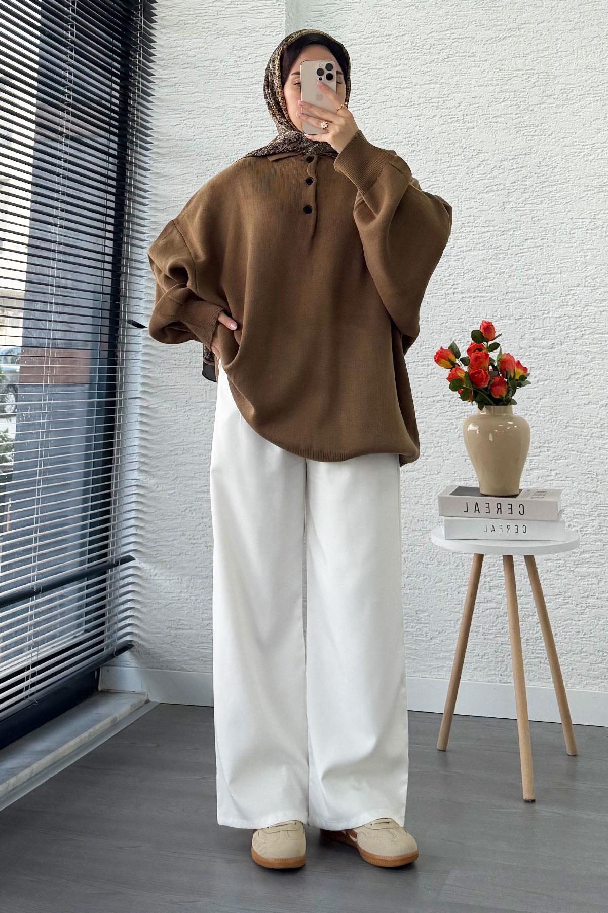 Gömlek Yaka Kadın Oversize Triko Kazak - Kahverengi