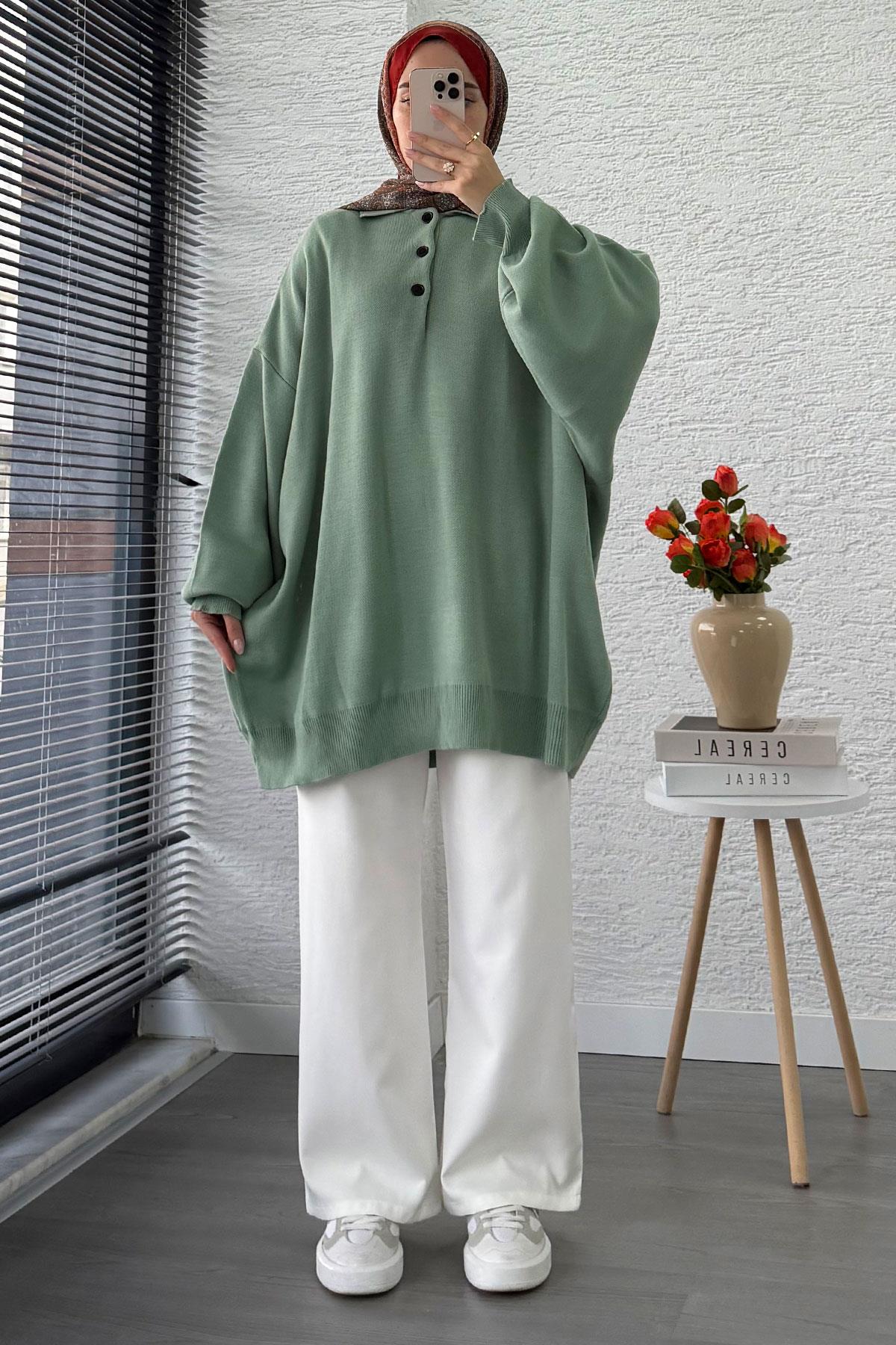 Gömlek Yaka Kadın Oversize Triko Kazak - Mint